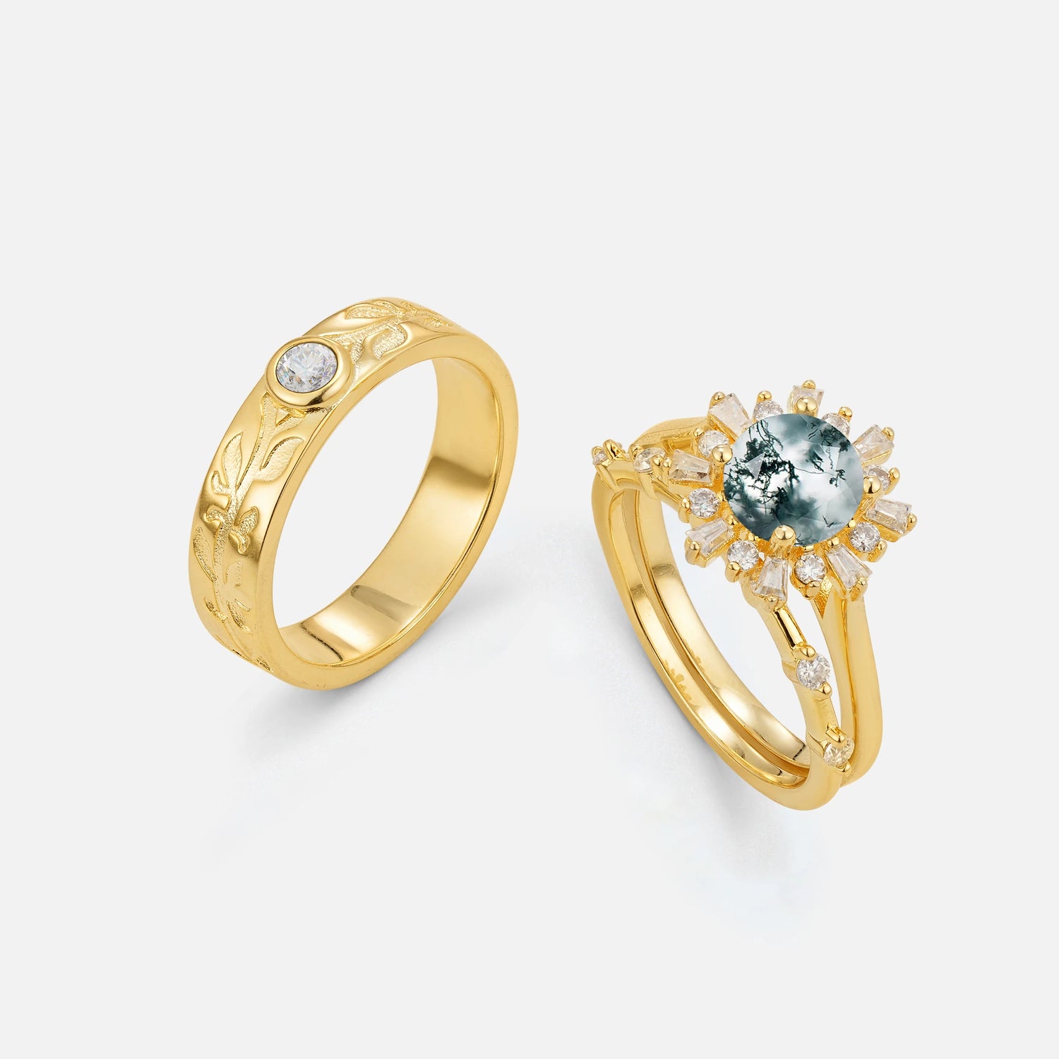 Round Cut Moss Agate Sunburst Halo Leaf His and Hers Couple Ring