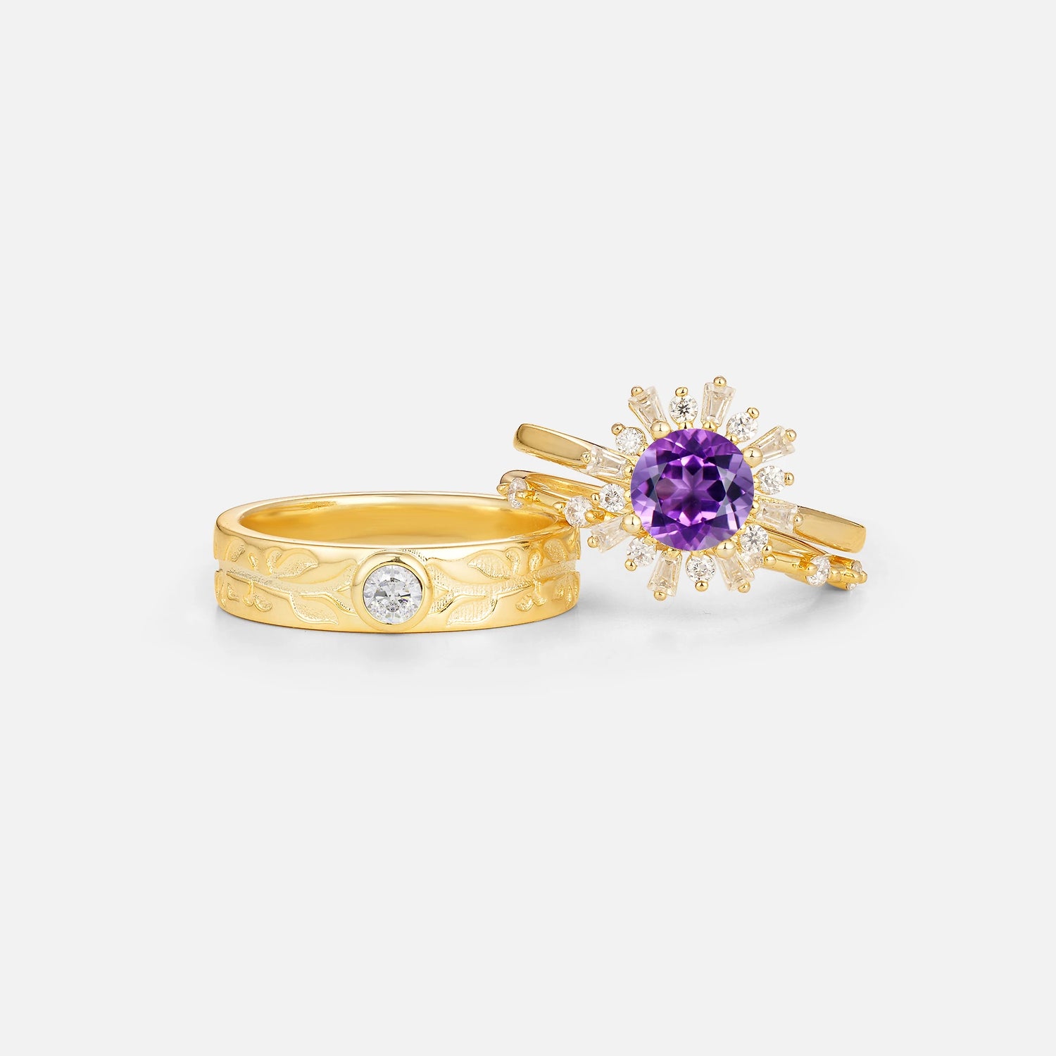 Round Cut Amethyst Sunburst Halo Leaf His and Hers Couple Ring