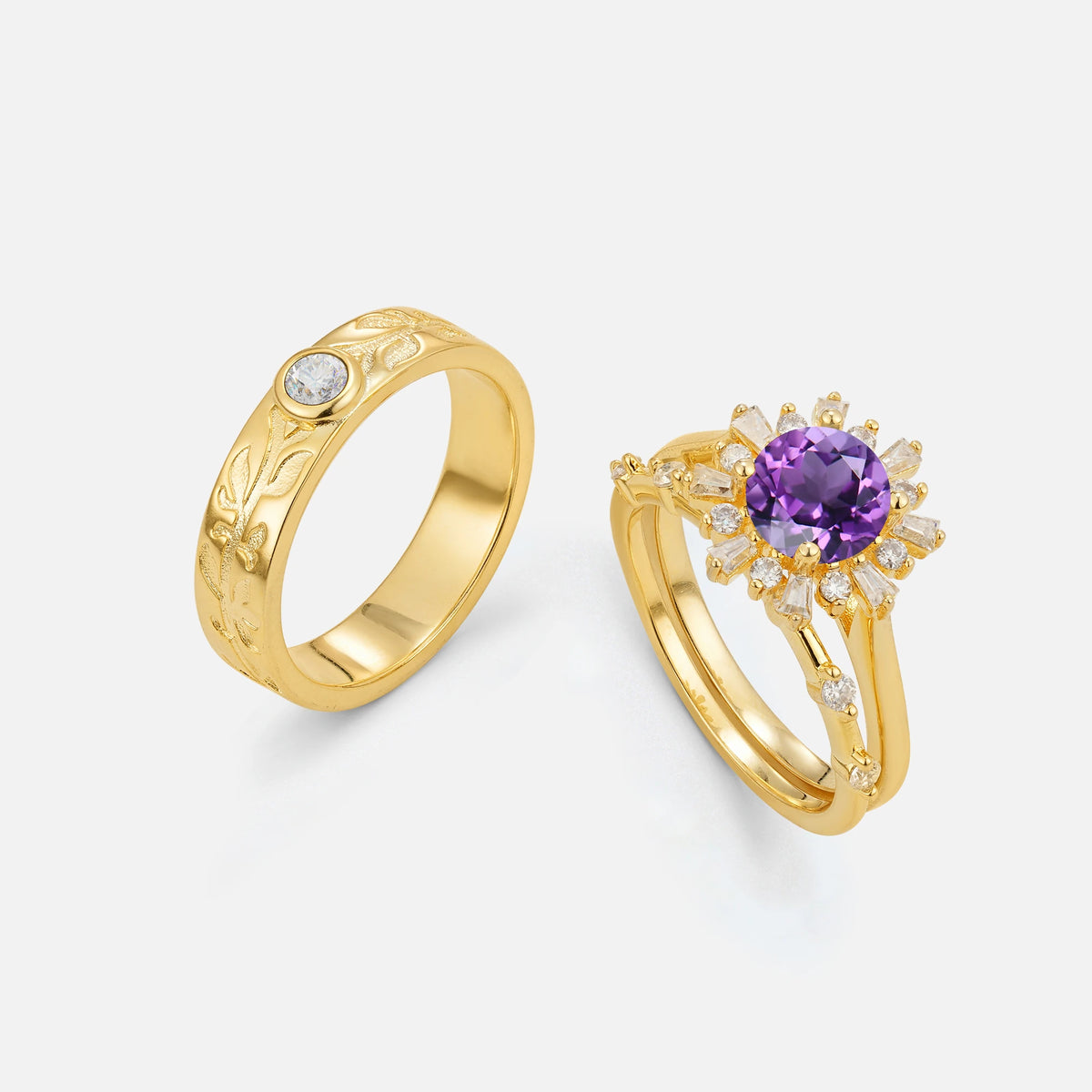 Round Cut Amethyst Sunburst Halo Leaf His and Hers Couple Ring