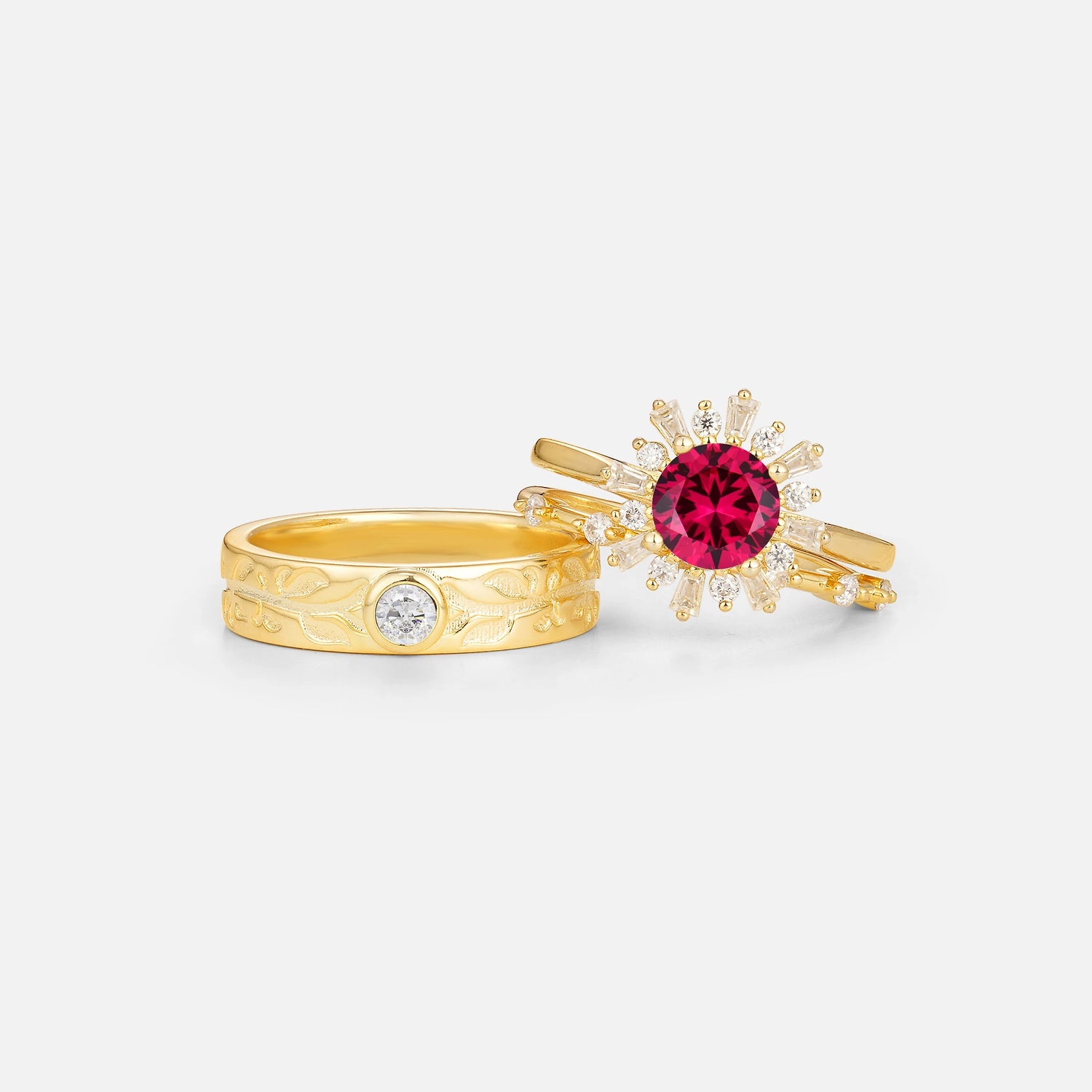 Round Cut Ruby Sunburst Halo Leaf His and Hers Couple Ring