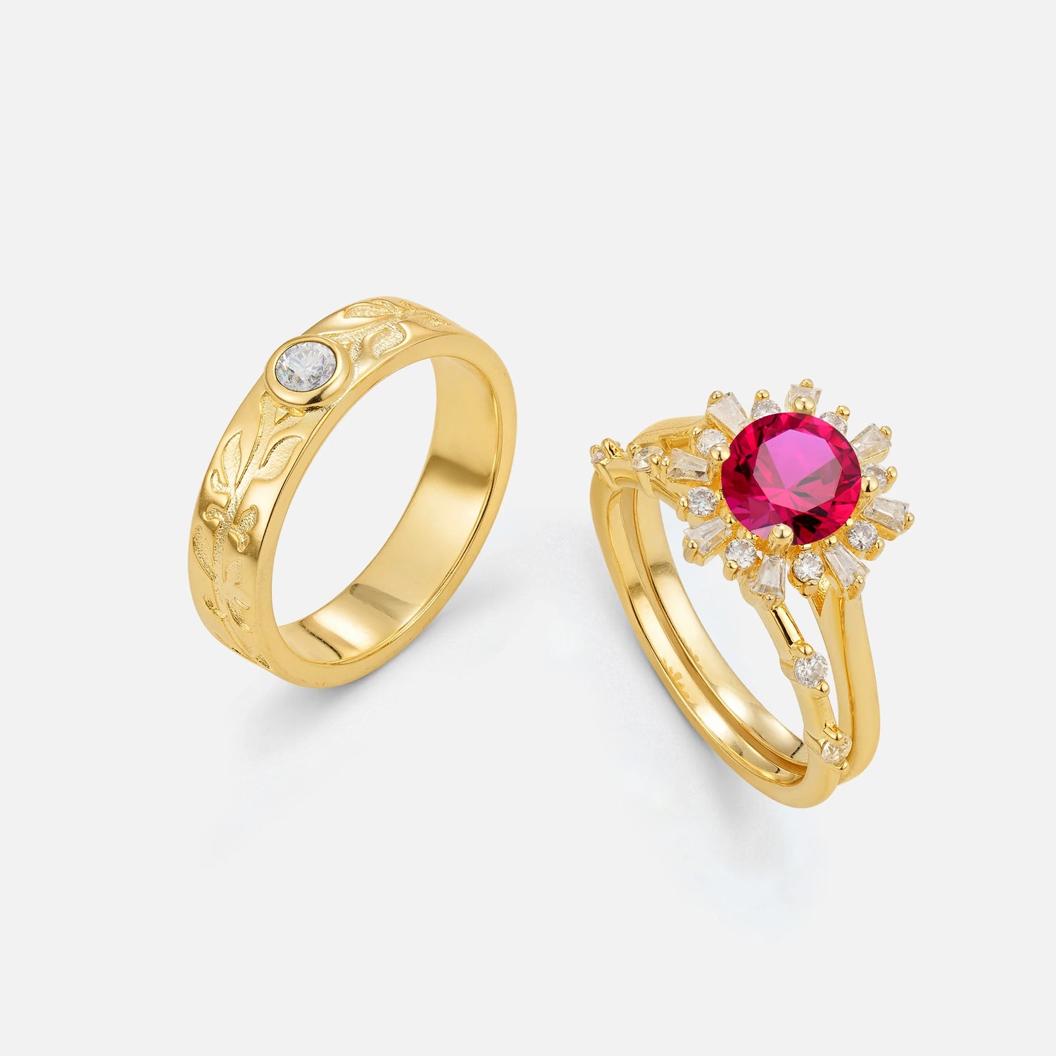 Round Cut Ruby Sunburst Halo Leaf His and Hers Couple Ring
