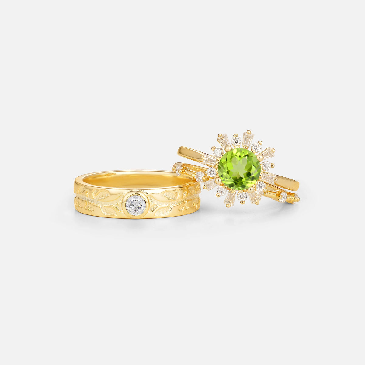 Round Cut Peridot Sunburst Halo Leaf His and Hers Couple Ring