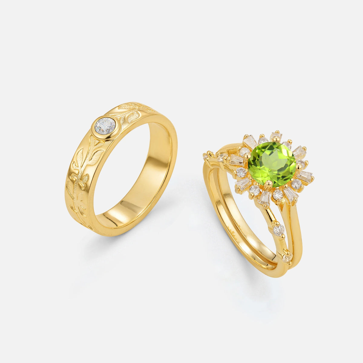Round Cut Peridot Sunburst Halo Leaf His and Hers Couple Ring