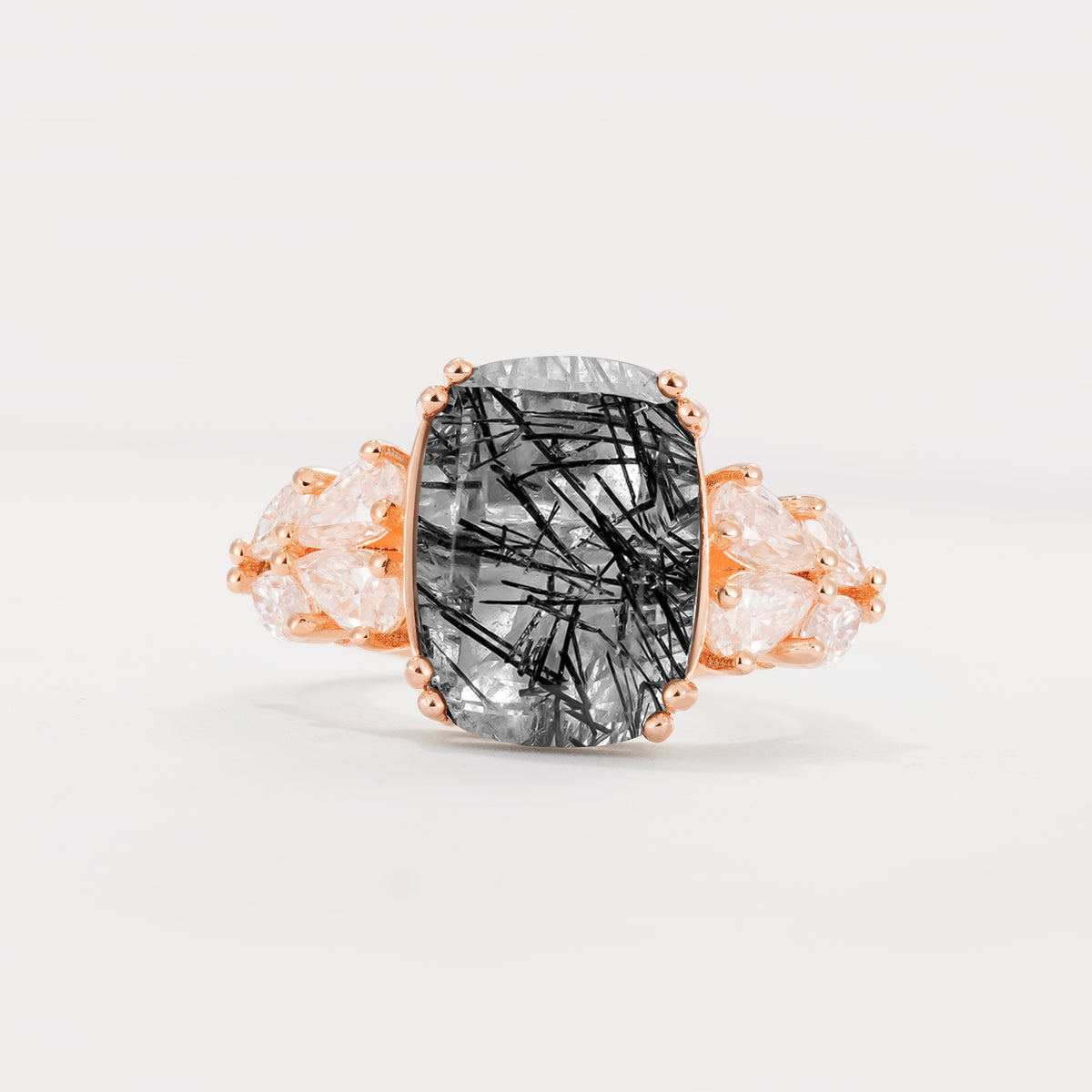 Luxury Emerald Cut Cluster Accent Black Rutilated Quartz Engagement Ring - Additional view
