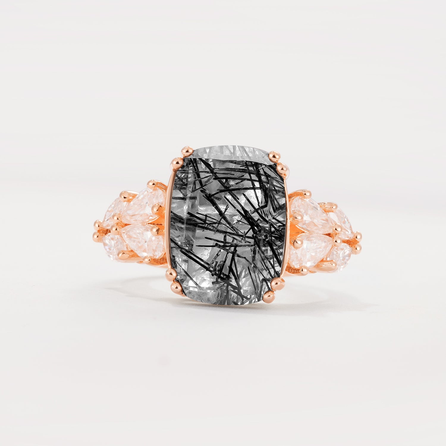 Luxury Emerald Cut Cluster Accent Black Rutilated Quartz Engagement Ring - Additional view