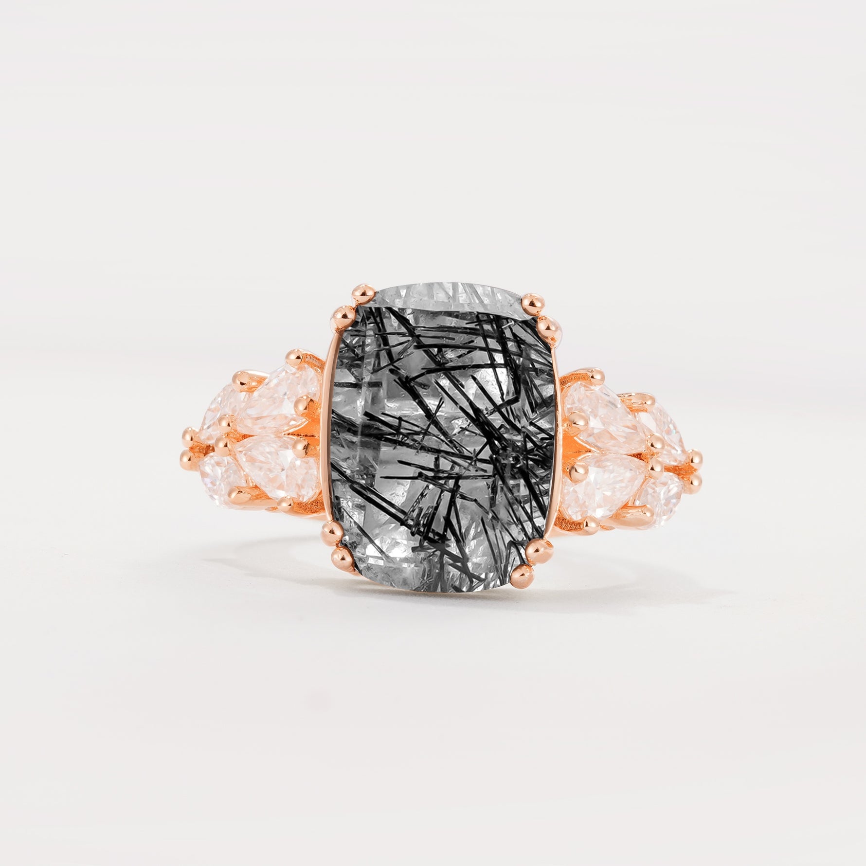 Luxury Emerald Cut Cluster Accent Black Rutilated Quartz Engagement Ring - Additional view