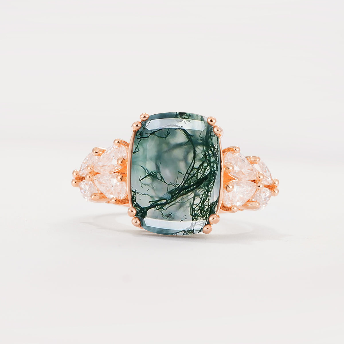 Luxury Emerald Cut Cluster Accent Moss Agate Engagement Ring - Additional view