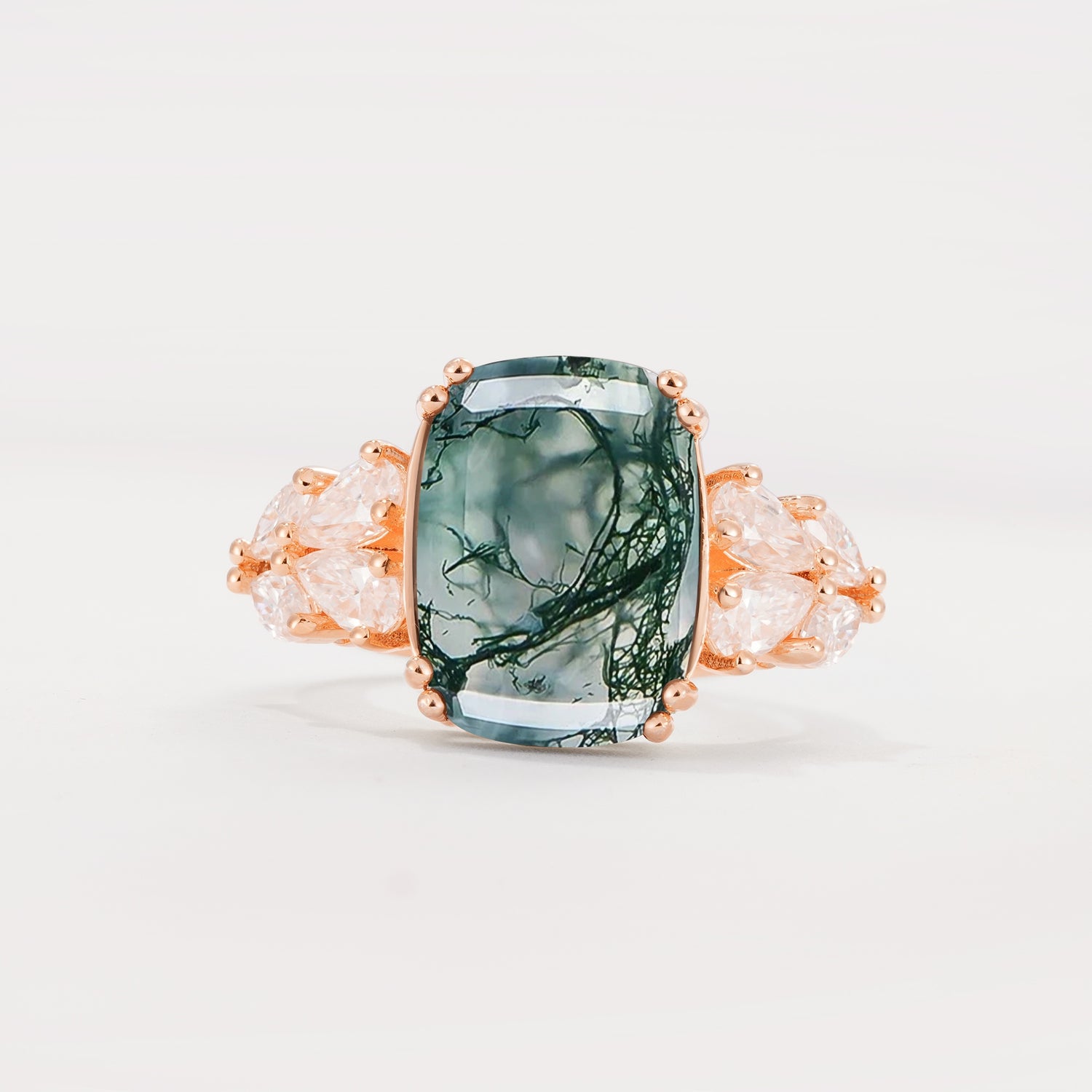 Luxury Emerald Cut Cluster Accent Moss Agate Engagement Ring - Additional view