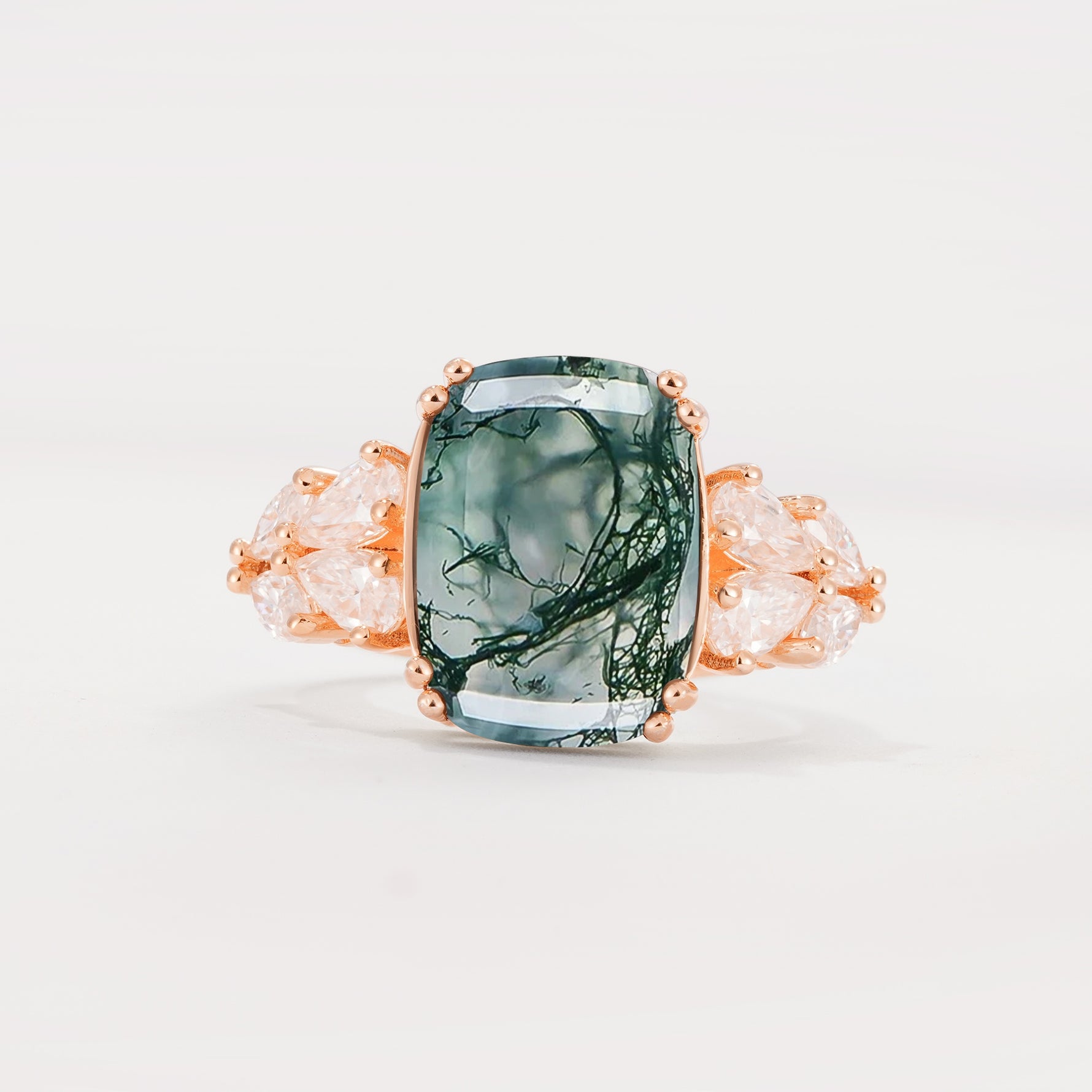 Luxury Emerald Cut Cluster Accent Moss Agate Engagement Ring - Additional view
