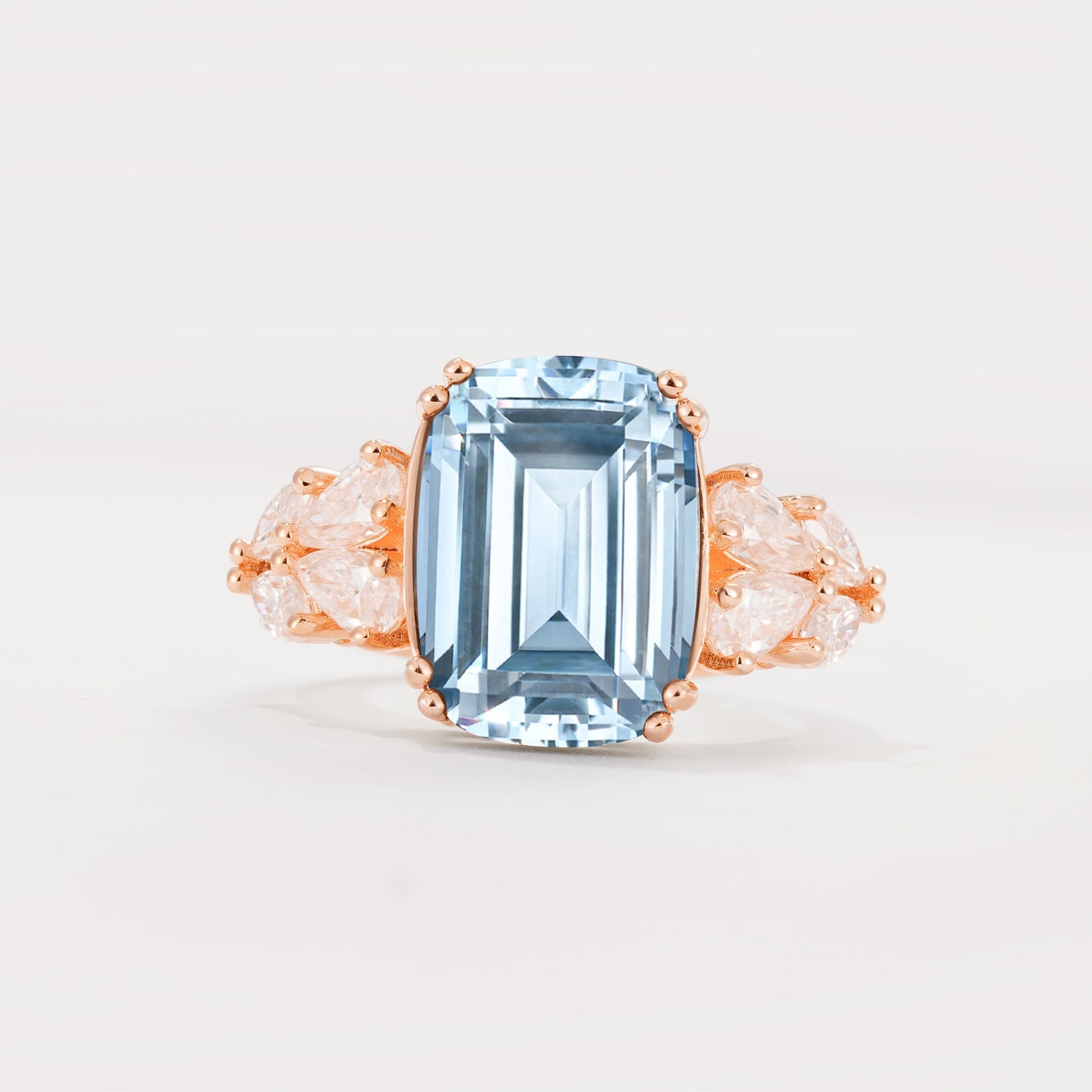 Luxury Emerald Cut Cluster Accent Aquamarine Engagement Ring - Additional view