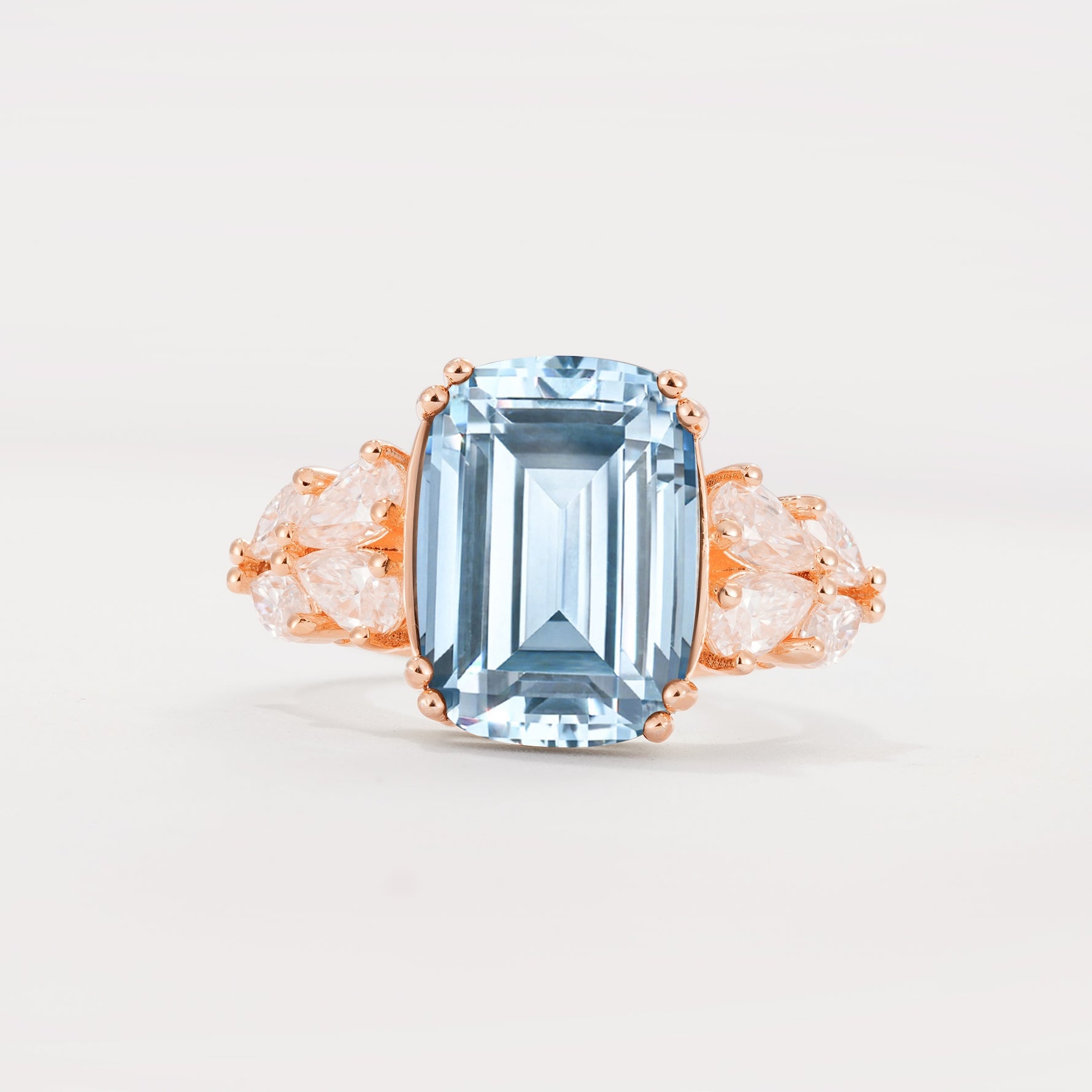 Luxury Emerald Cut Cluster Accent Aquamarine Engagement Ring - Additional view