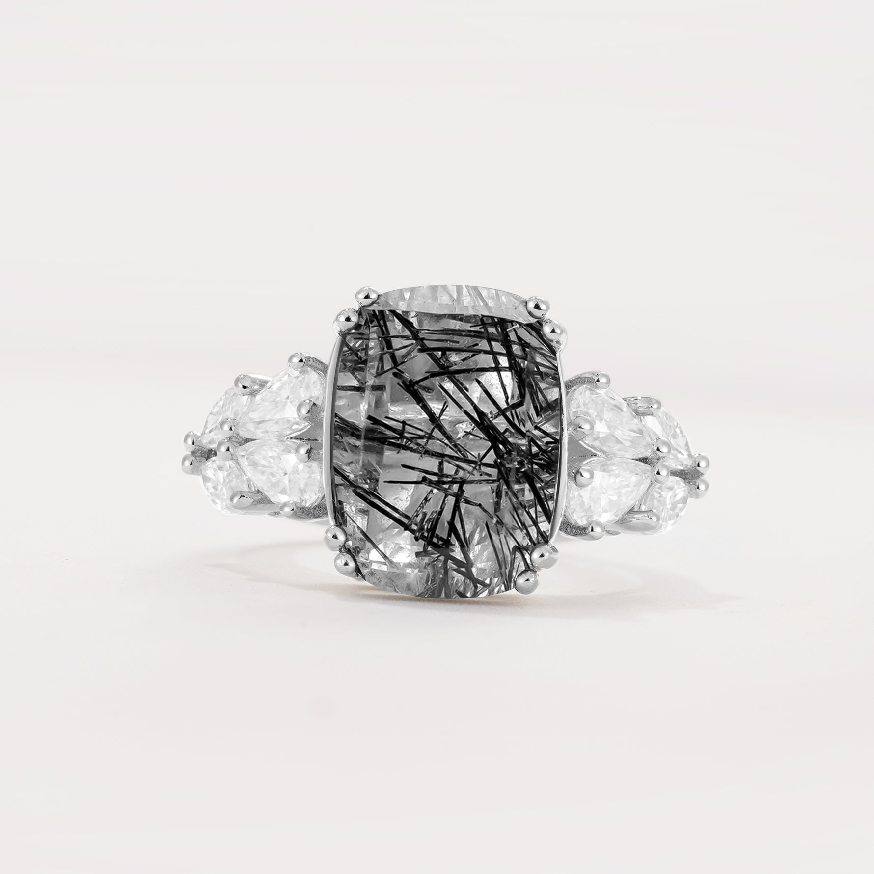 Luxury Emerald Cut Cluster Accent Black Rutilated Quartz Engagement Ring - Additional view