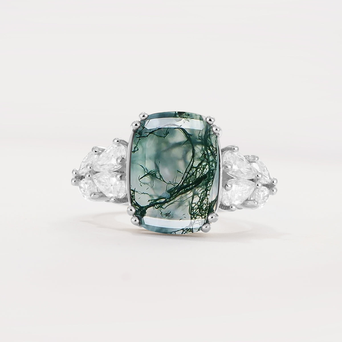 Luxury Emerald Cut Cluster Accent Moss Agate Engagement Ring - Additional view