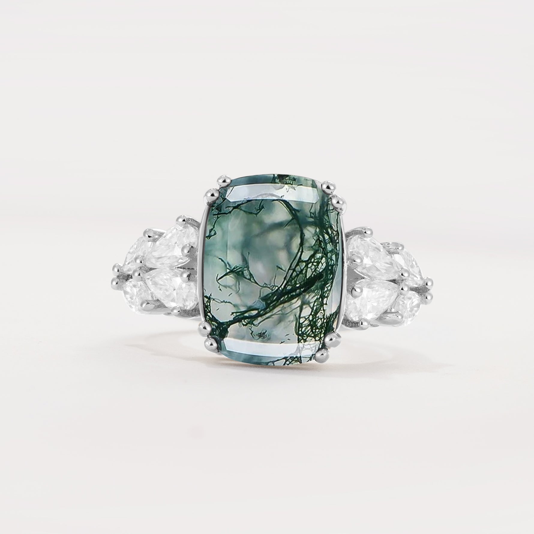 Luxury Emerald Cut Cluster Accent Moss Agate Engagement Ring - Additional view