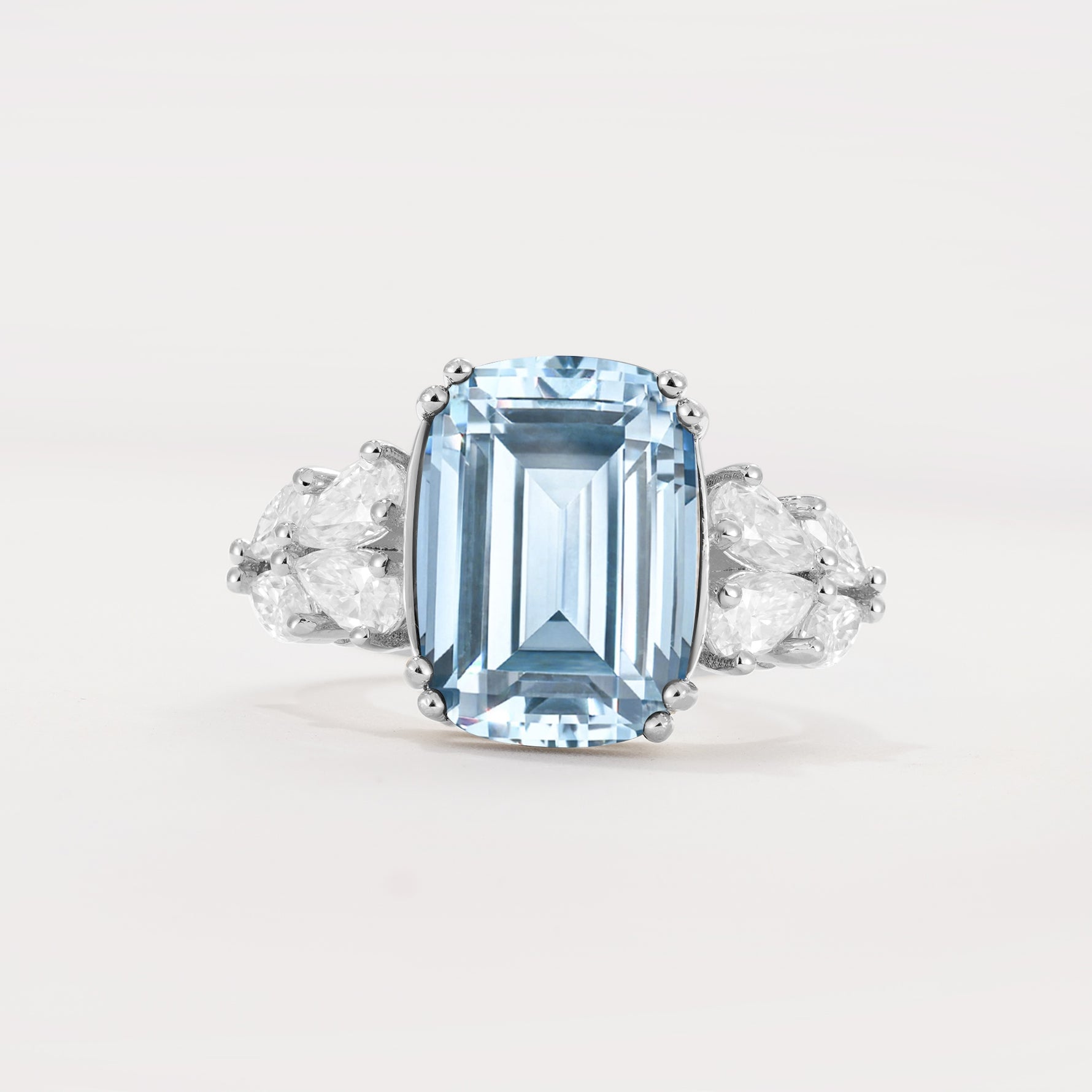 Luxury Emerald Cut Cluster Accent Aquamarine Engagement Ring - Additional view