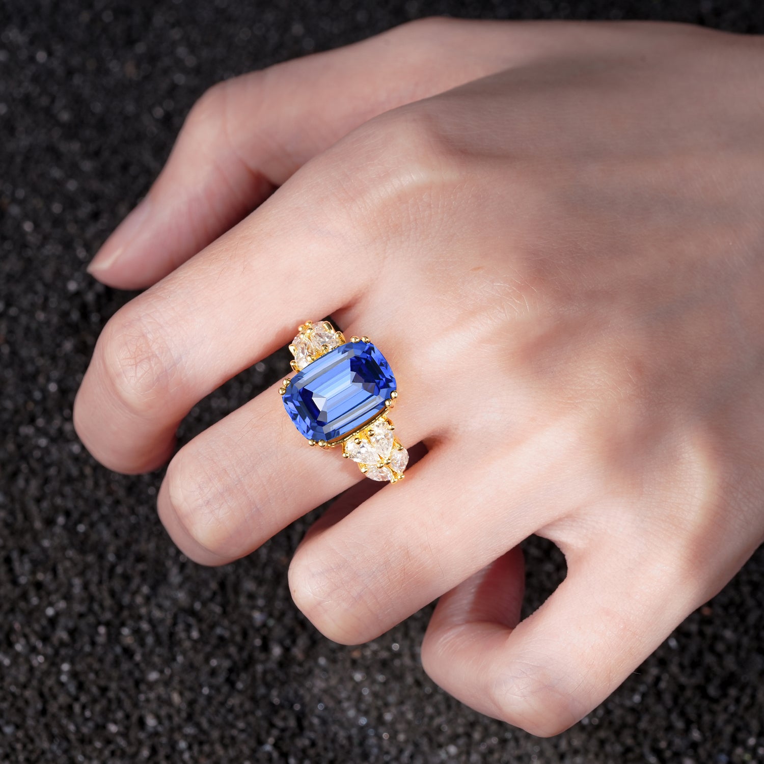 Luxury Emerald Cut Cluster Accent Sapphire Engagement Ring