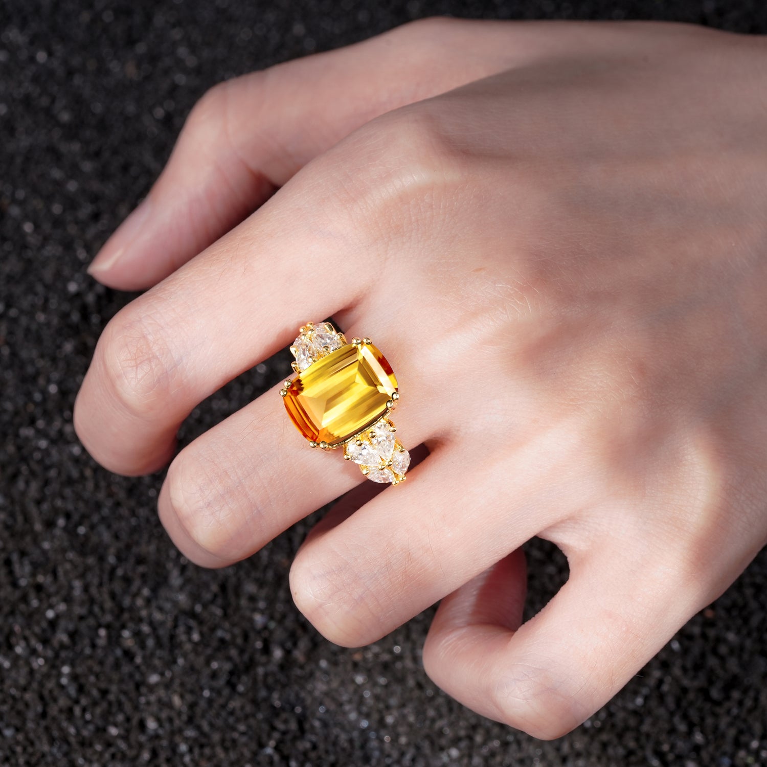 Luxury Emerald Cut Cluster Accent Citrine Engagement Ring