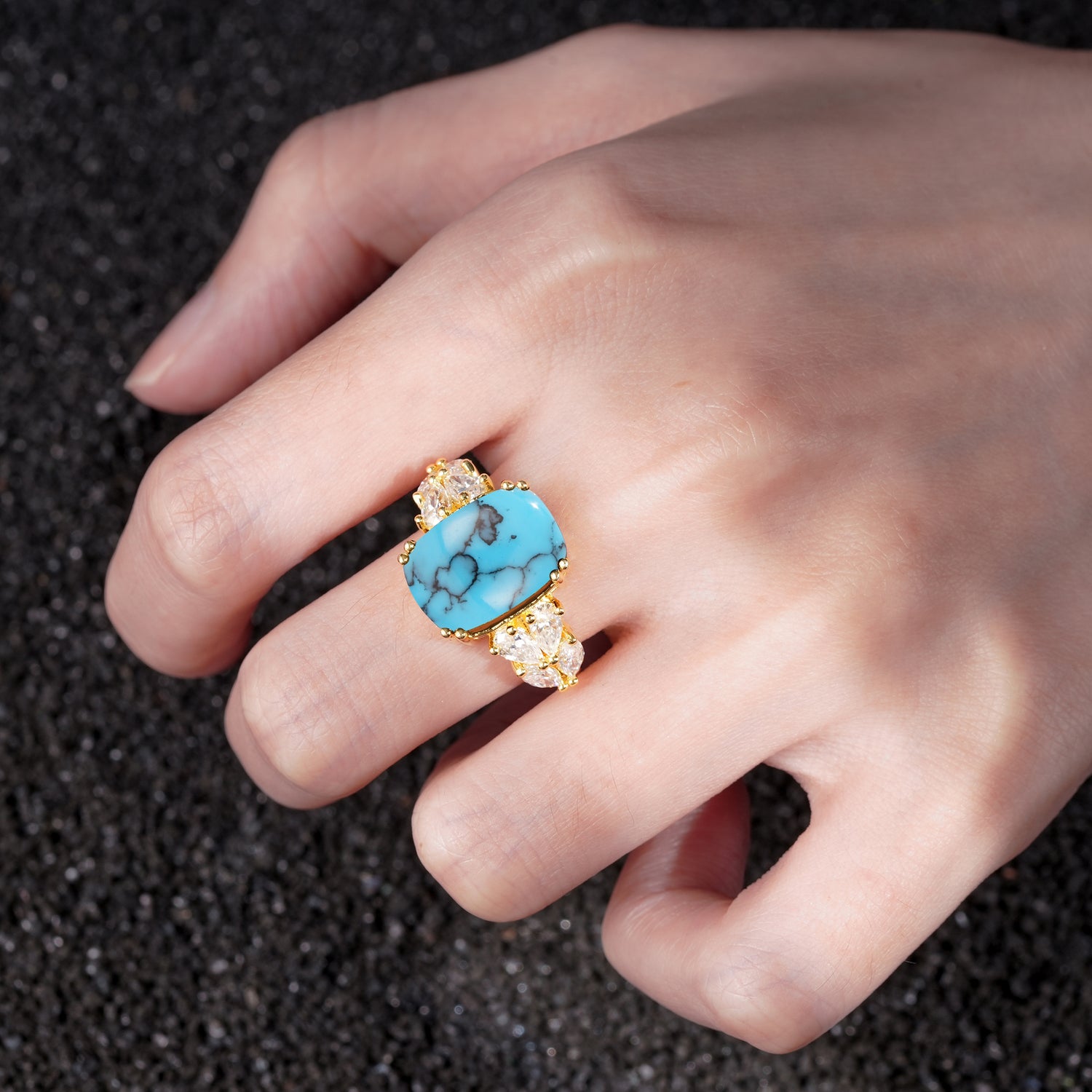 Luxury Emerald Cut Cluster Accent Turquoise Engagement Ring