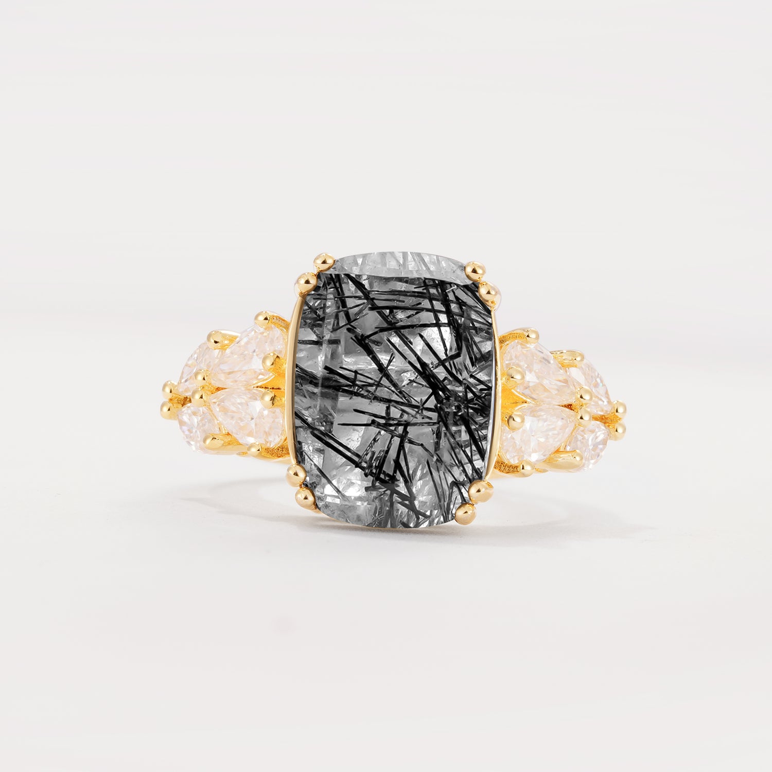 Luxury Emerald Cut Cluster Accent Black Rutilated Quartz Engagement Ring
