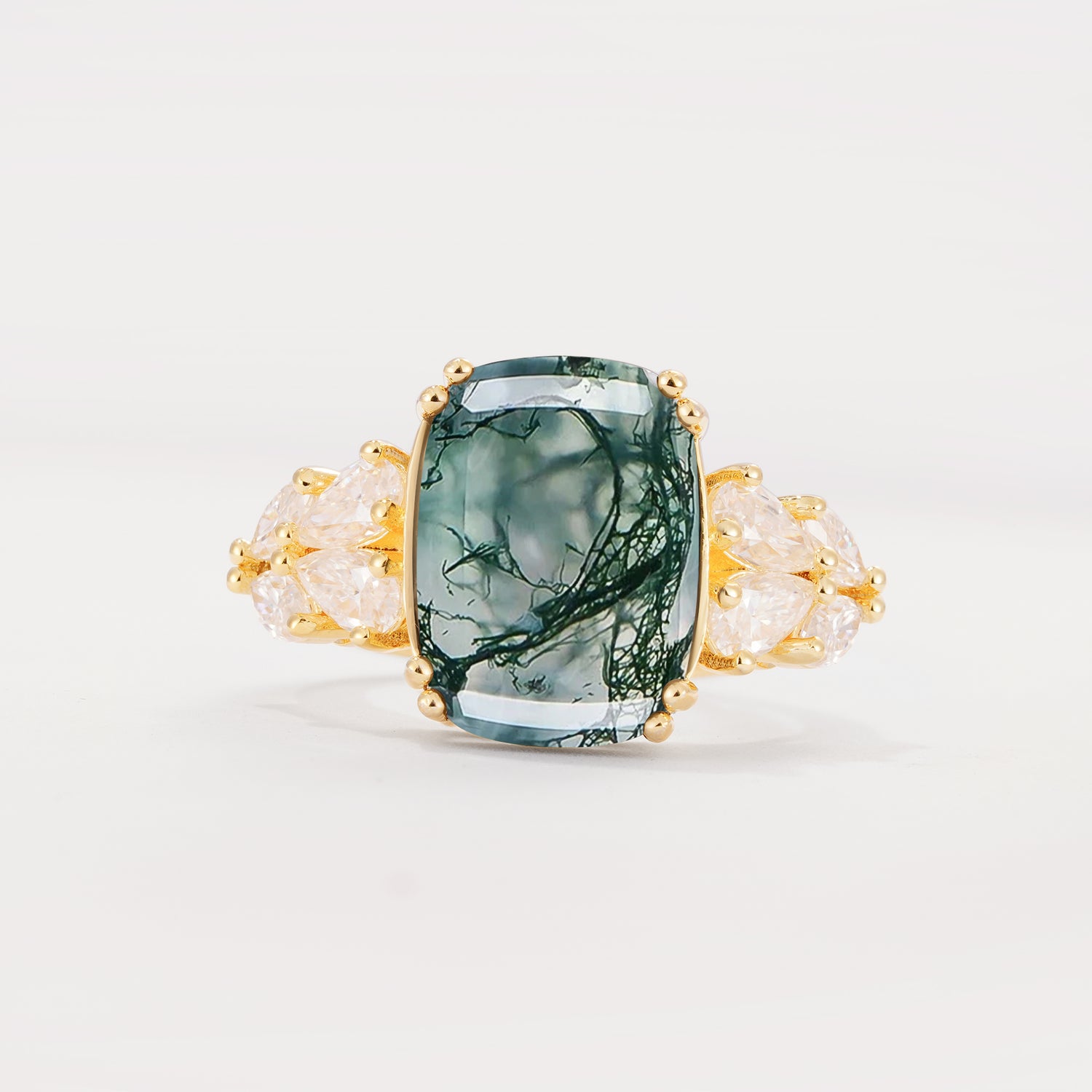 Luxury Emerald Cut Cluster Accent Moss Agate Engagement Ring