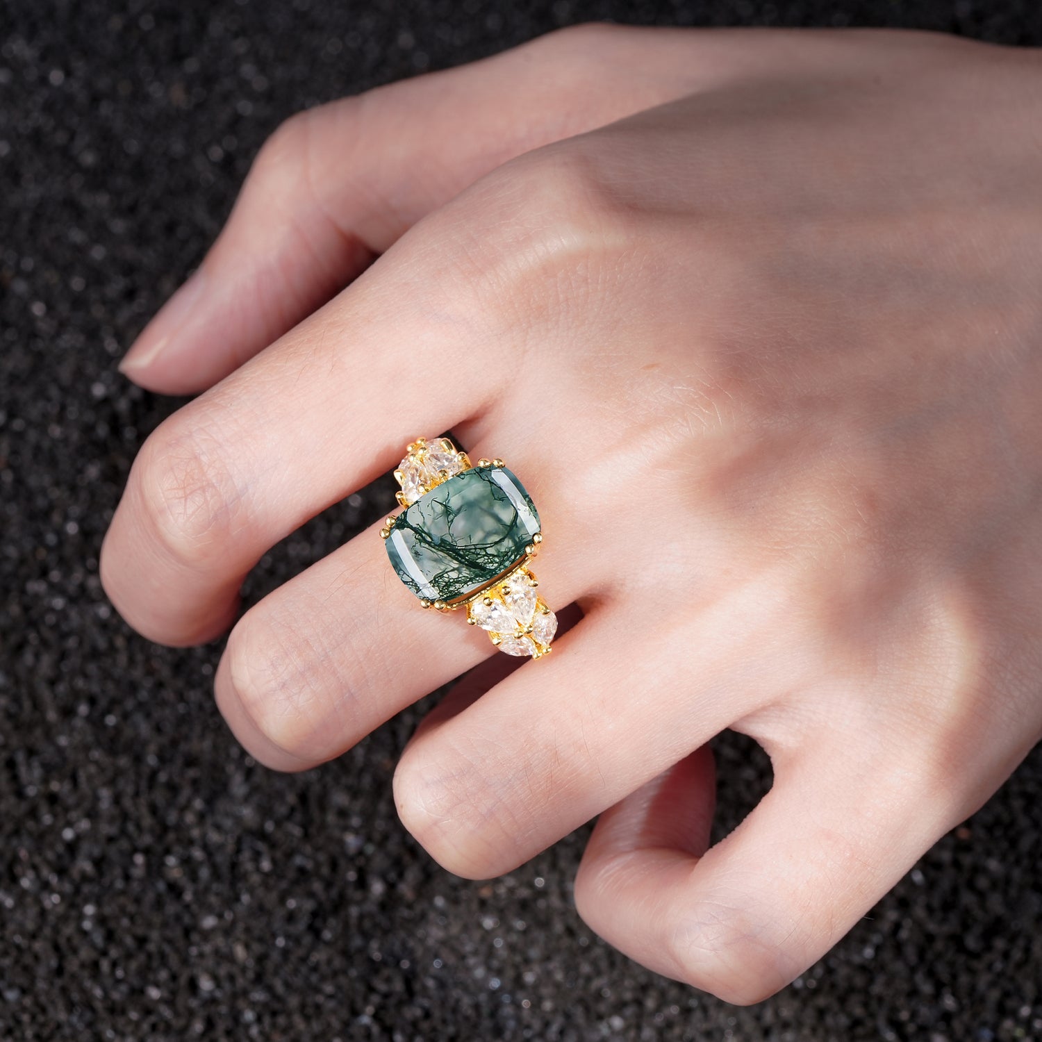 Luxury Emerald Cut Cluster Accent Moss Agate Engagement Ring