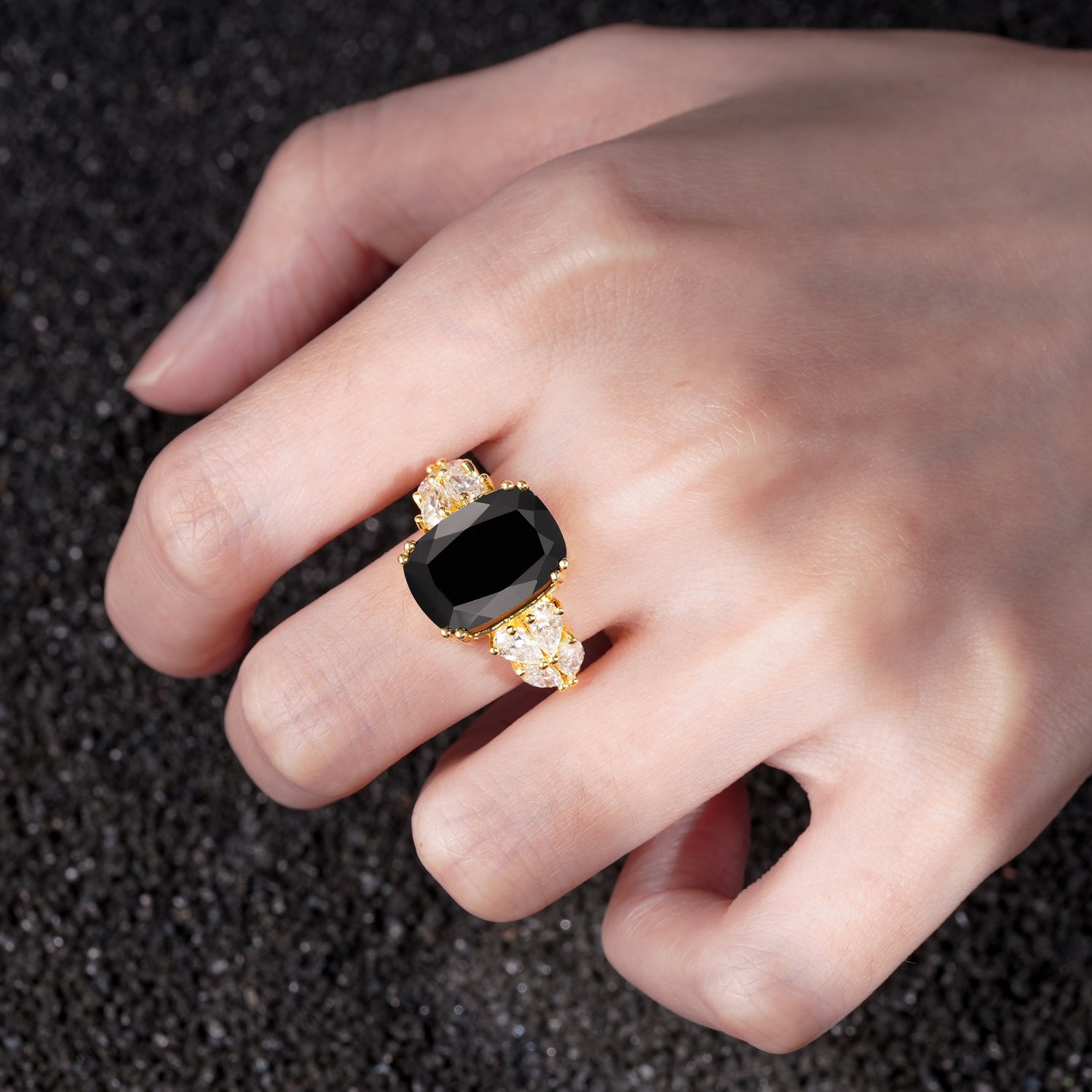 Romantic Floral Emerald Cut Black Onyx Engagement Ring