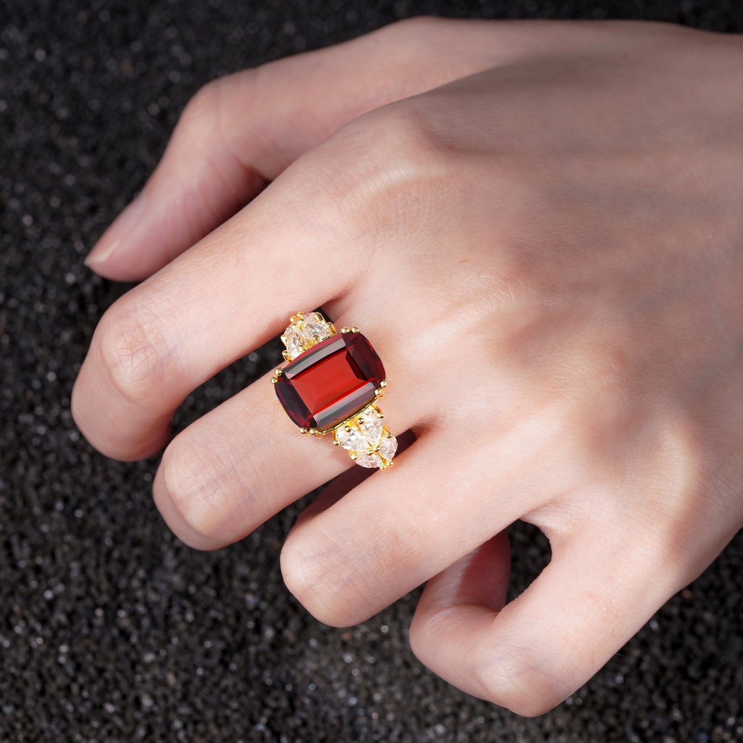 Luxury Emerald Cut Cluster Accent Garnet Engagement Ring
