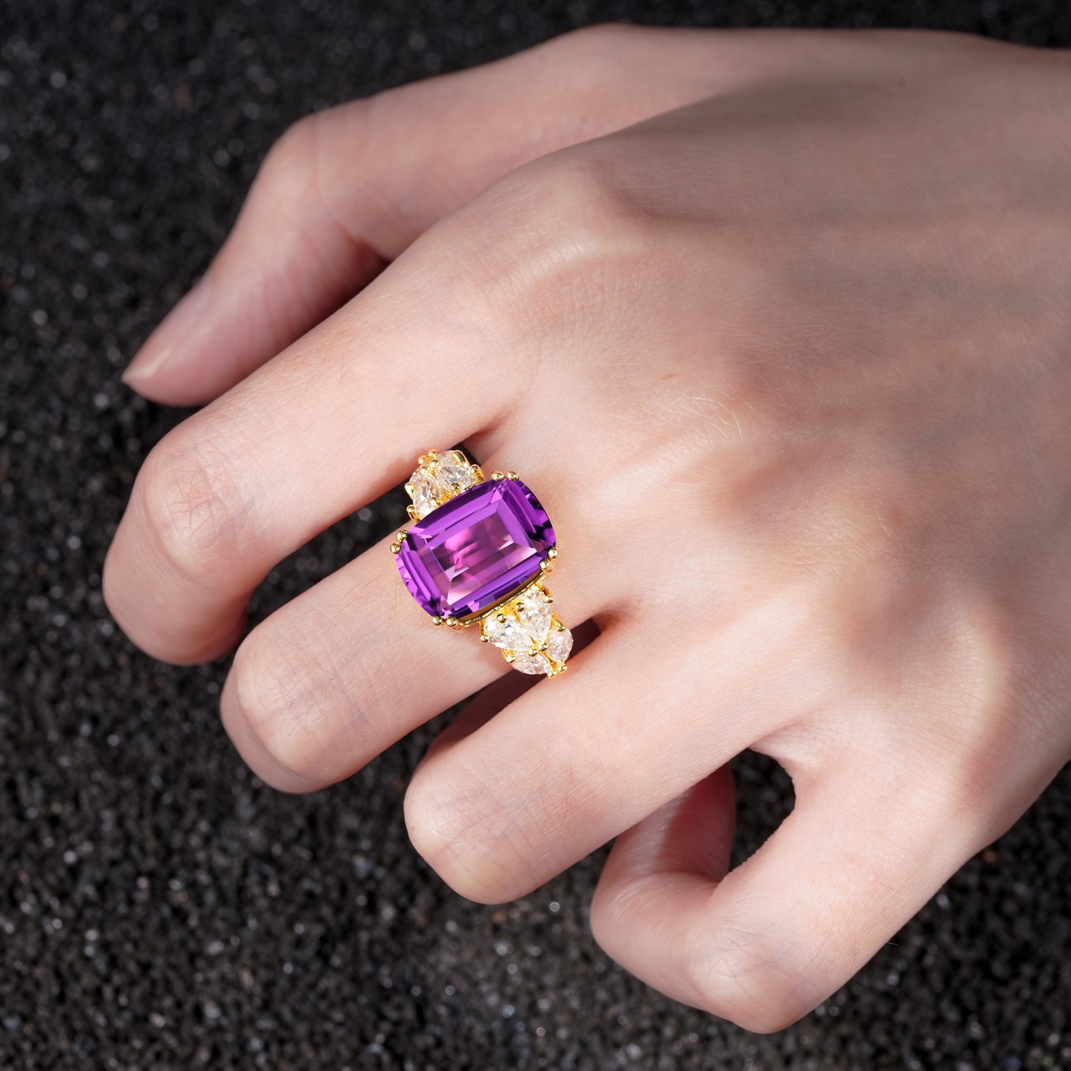 Luxury Emerald Cut Cluster Accent Amethyst Engagement Ring