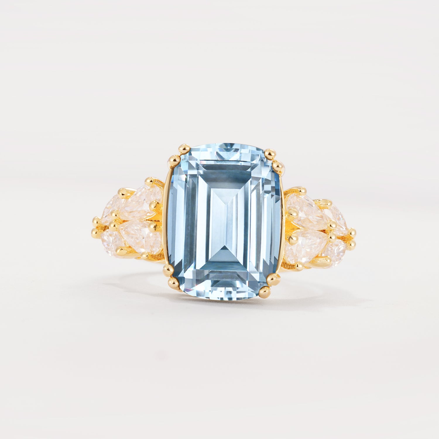 Luxury Emerald Cut Cluster Accent Aquamarine Engagement Ring