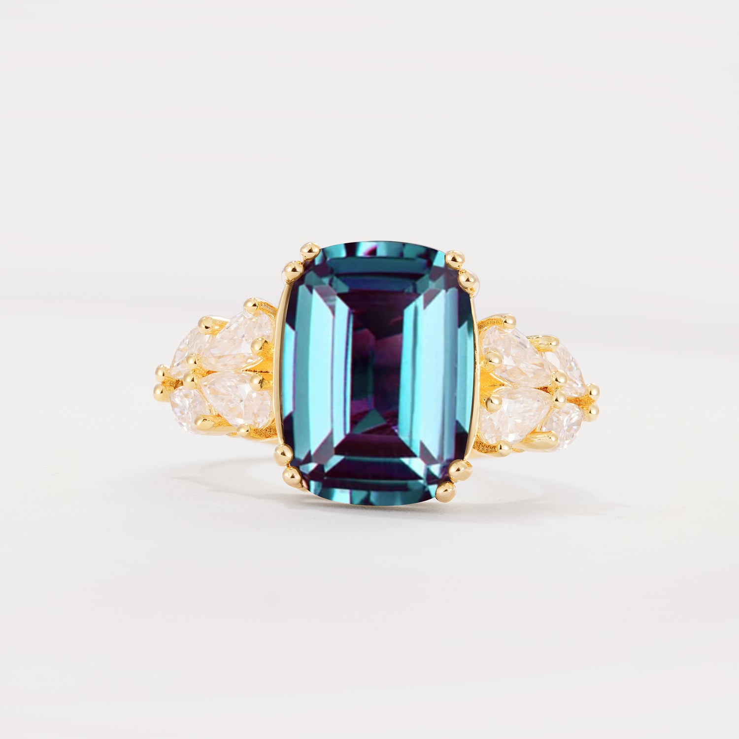 Luxury Emerald Cut Cluster Accent Alexandrite Engagement Ring