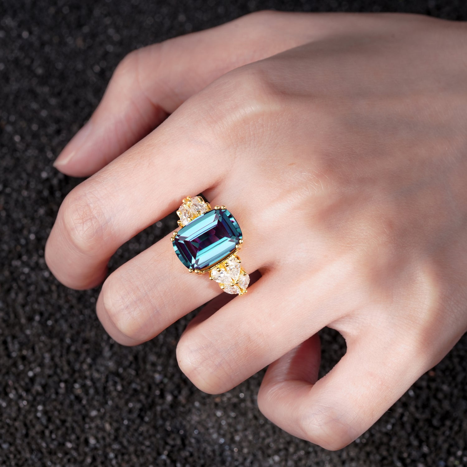 Luxury Emerald Cut Cluster Accent Alexandrite Engagement Ring