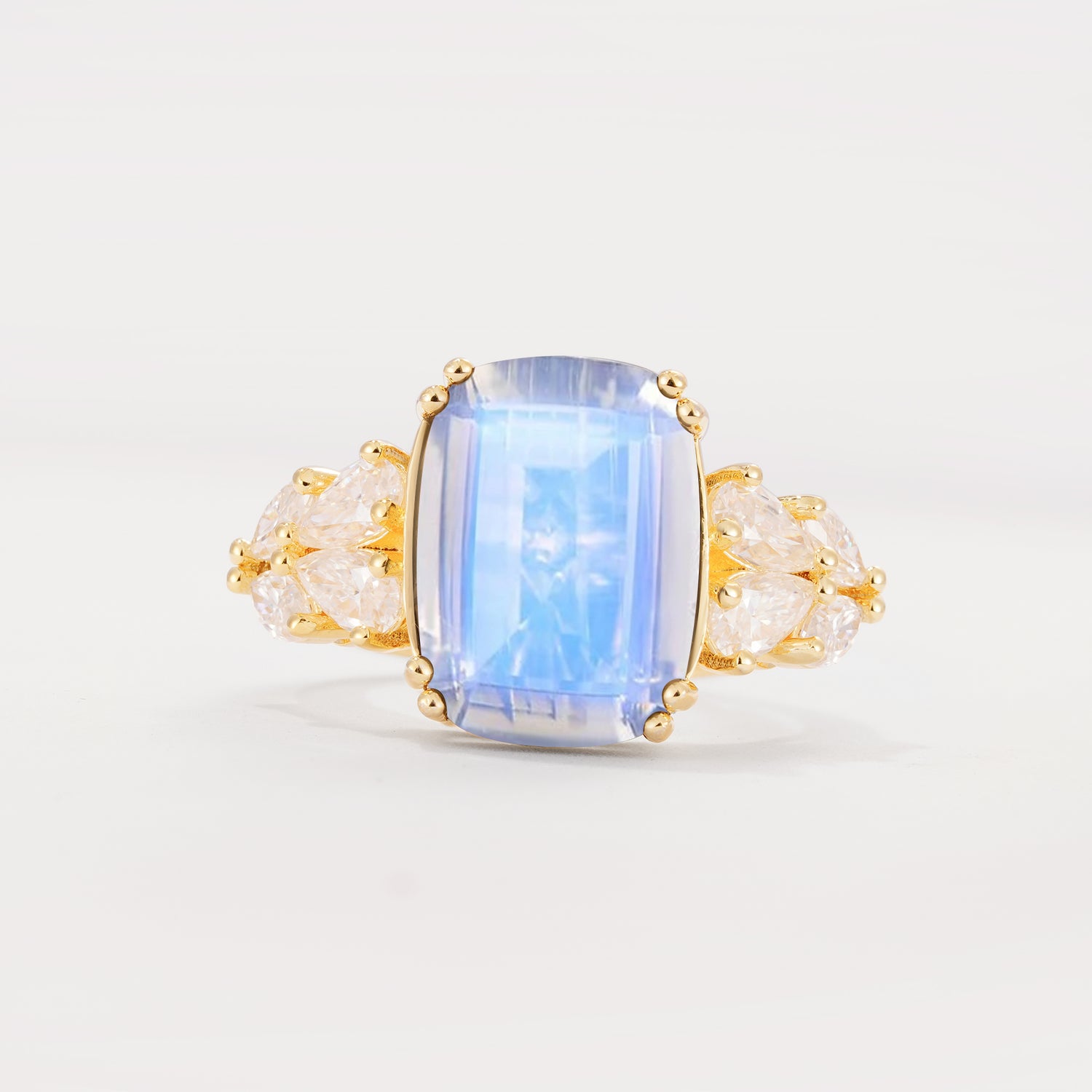 Luxury Emerald Cut Cluster Accent Moonstone Engagement Ring