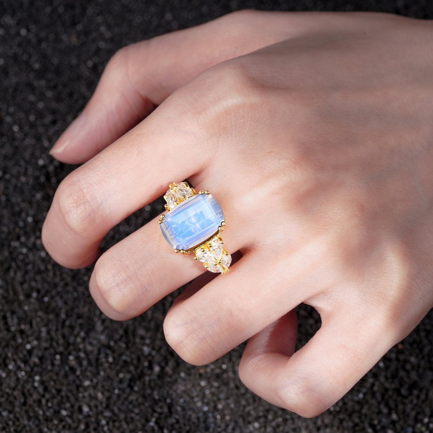Luxury Emerald Cut Cluster Accent Moonstone Engagement Ring