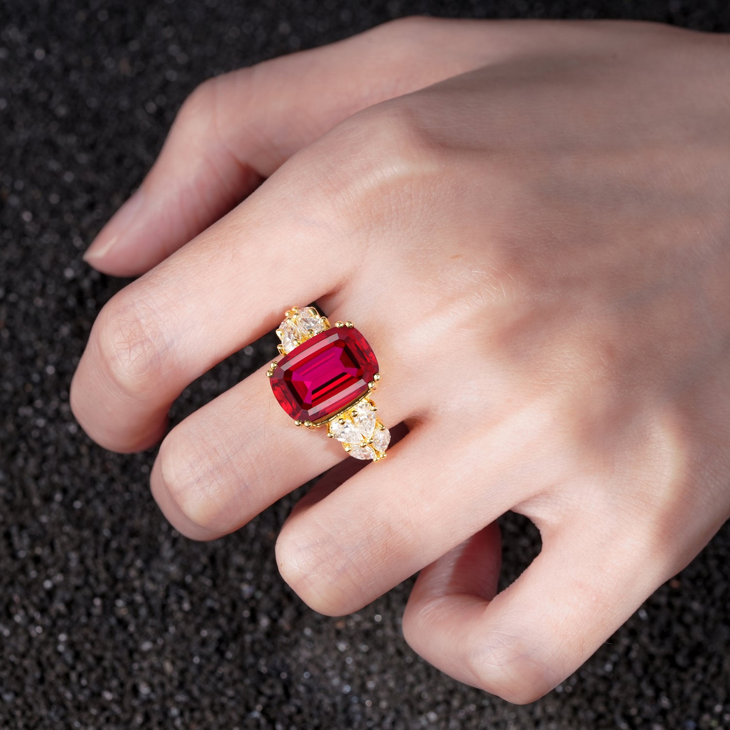 Luxury Emerald Cut Cluster Accent Ruby Engagement Ring