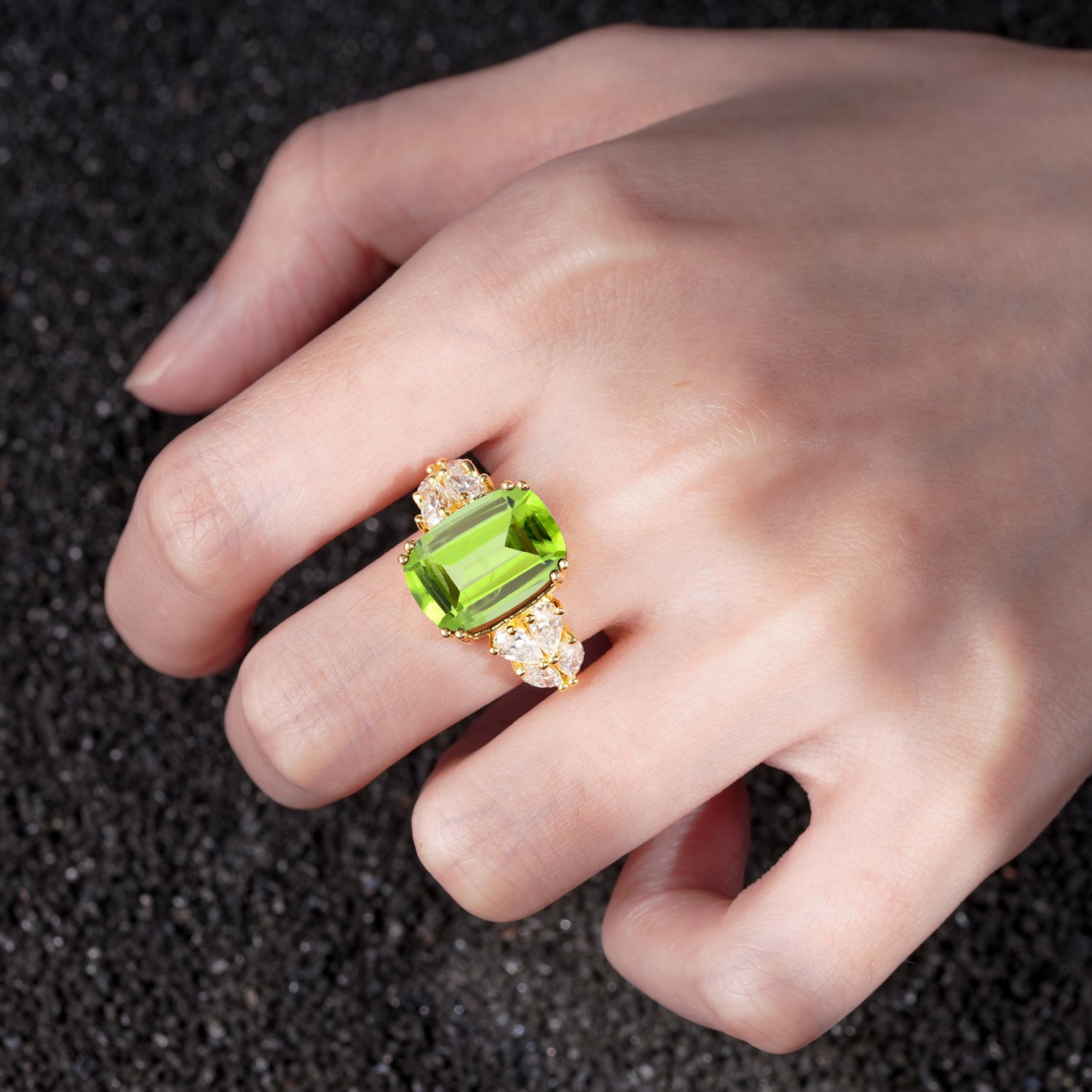 Luxury Emerald Cut Cluster Accent Peridot Engagement Ring