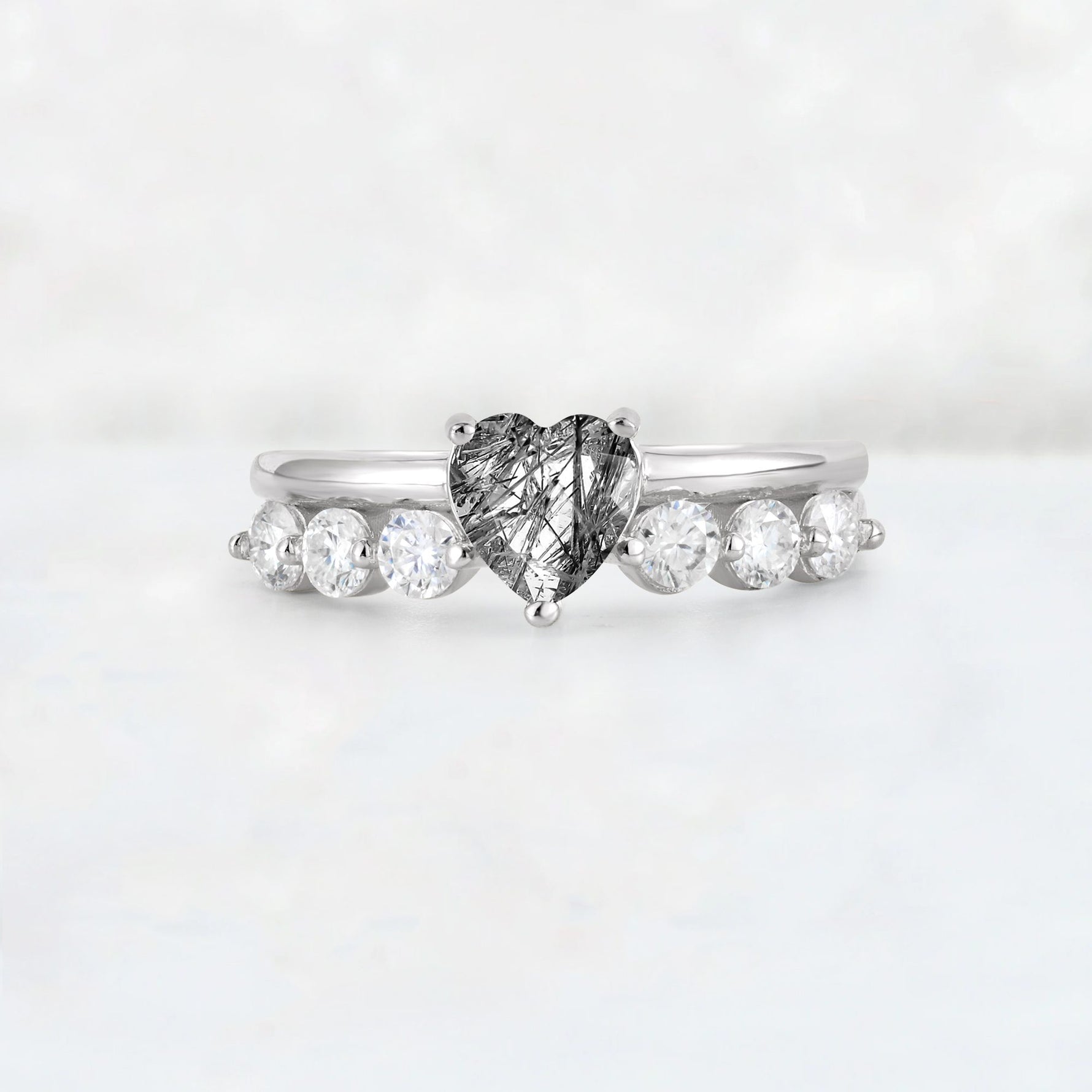 Heart Cut Black Rutilated Quartz Graduated Seven-Stone Engagement Ring - Additional view