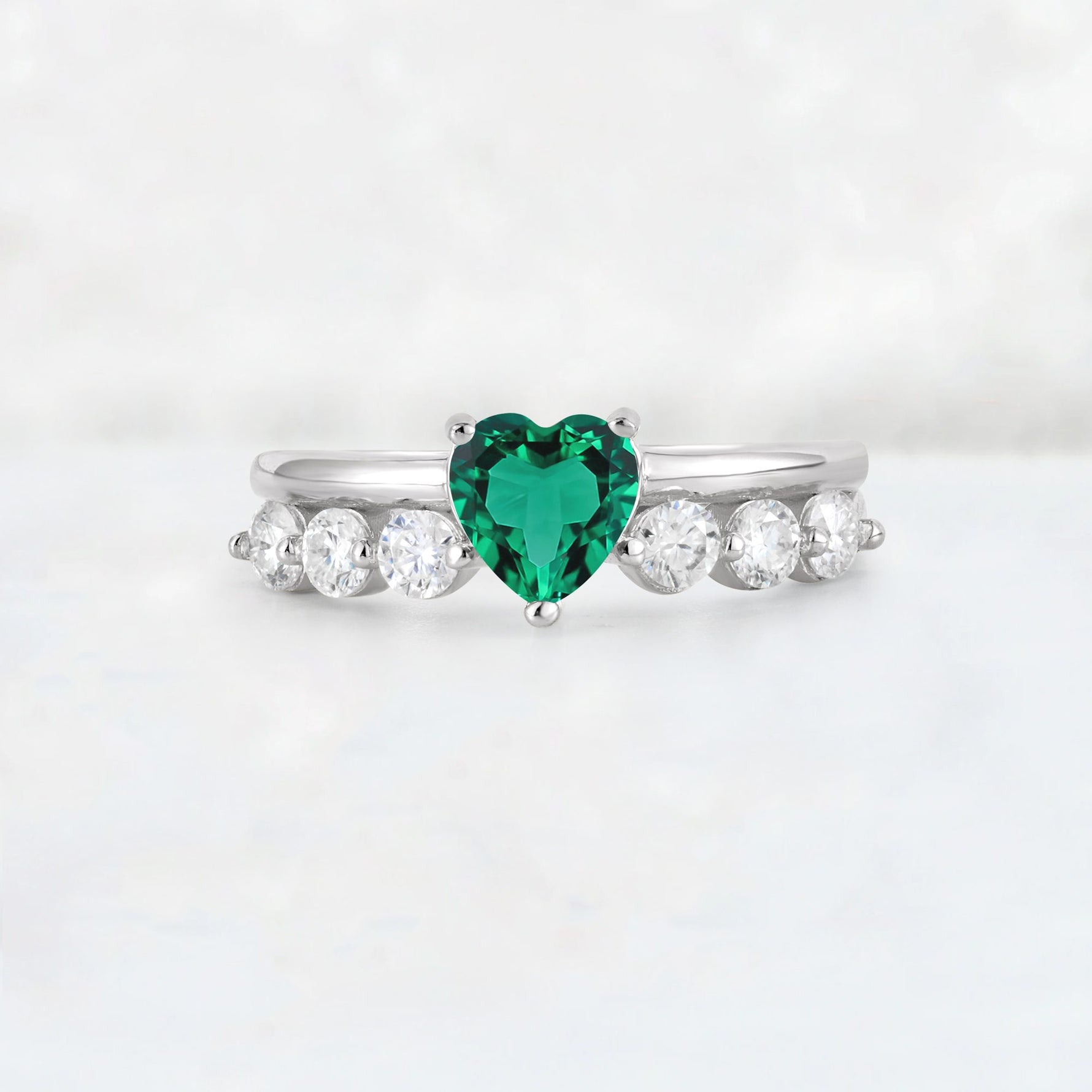 Heart Cut Emerald Graduated Seven-Stone Engagement Ring - Additional view
