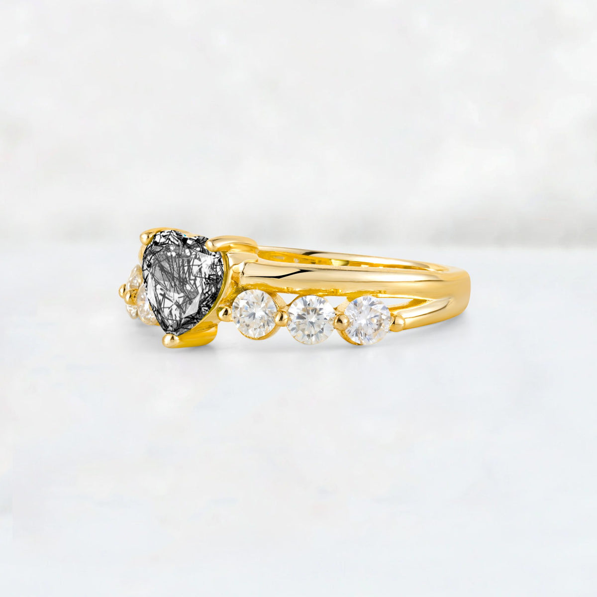 Heart Cut Black Rutilated Quartz Graduated Seven-Stone Engagement Ring - Additional view
