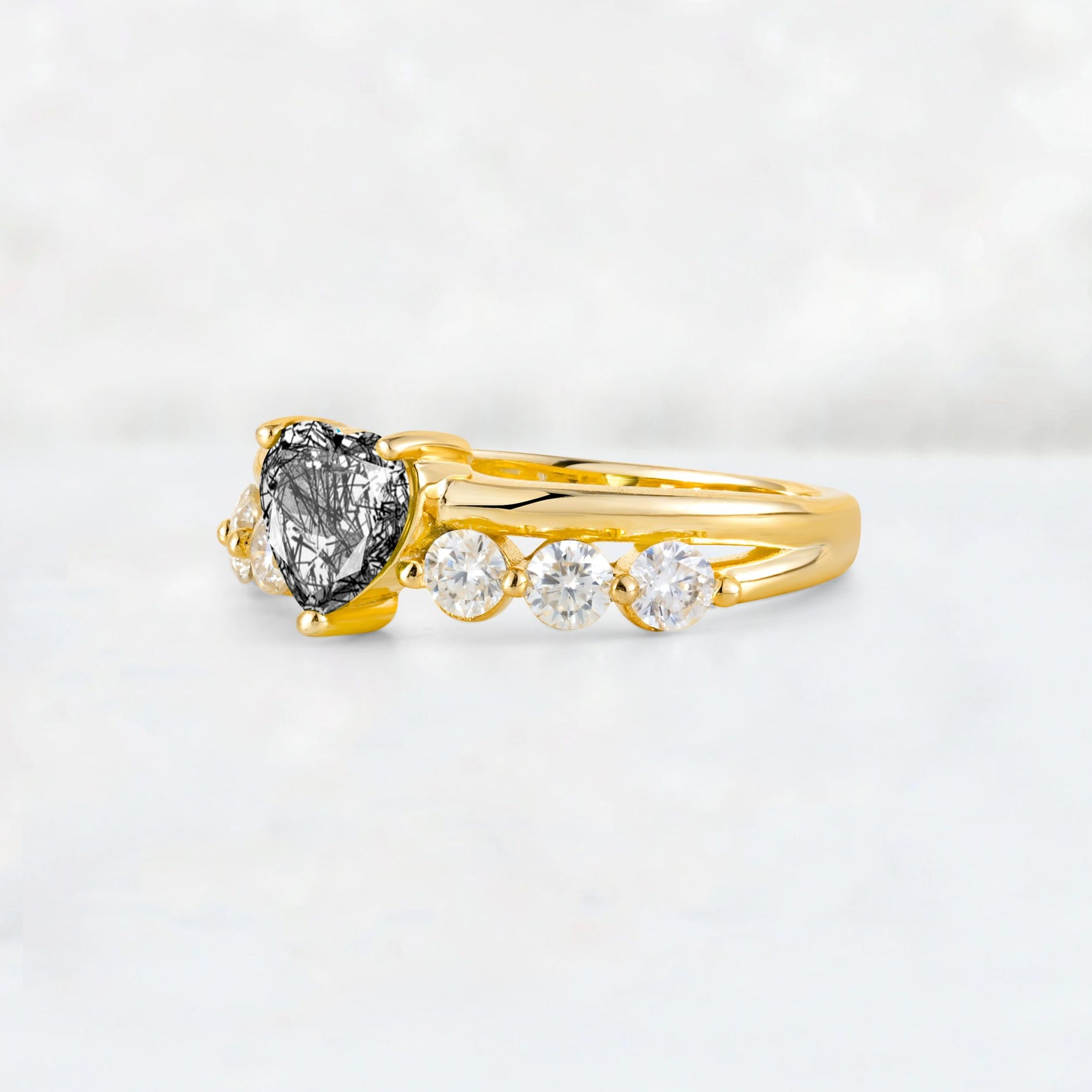 Heart Cut Black Rutilated Quartz Graduated Seven-Stone Engagement Ring - Additional view