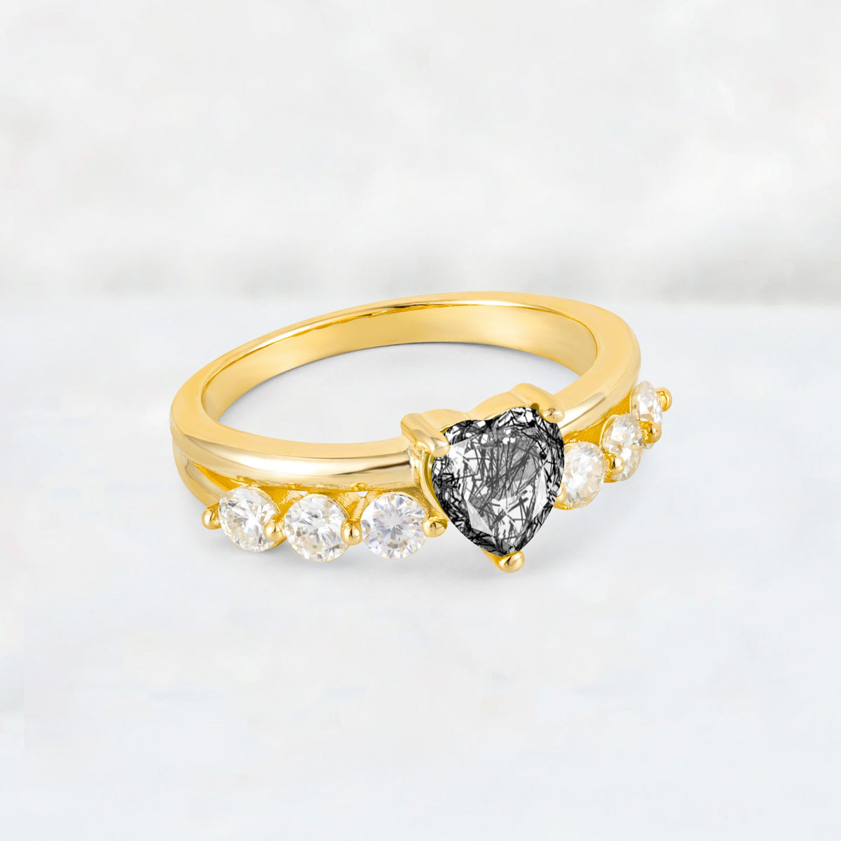 Heart Cut Black Rutilated Quartz Graduated Seven-Stone Engagement Ring - Additional view