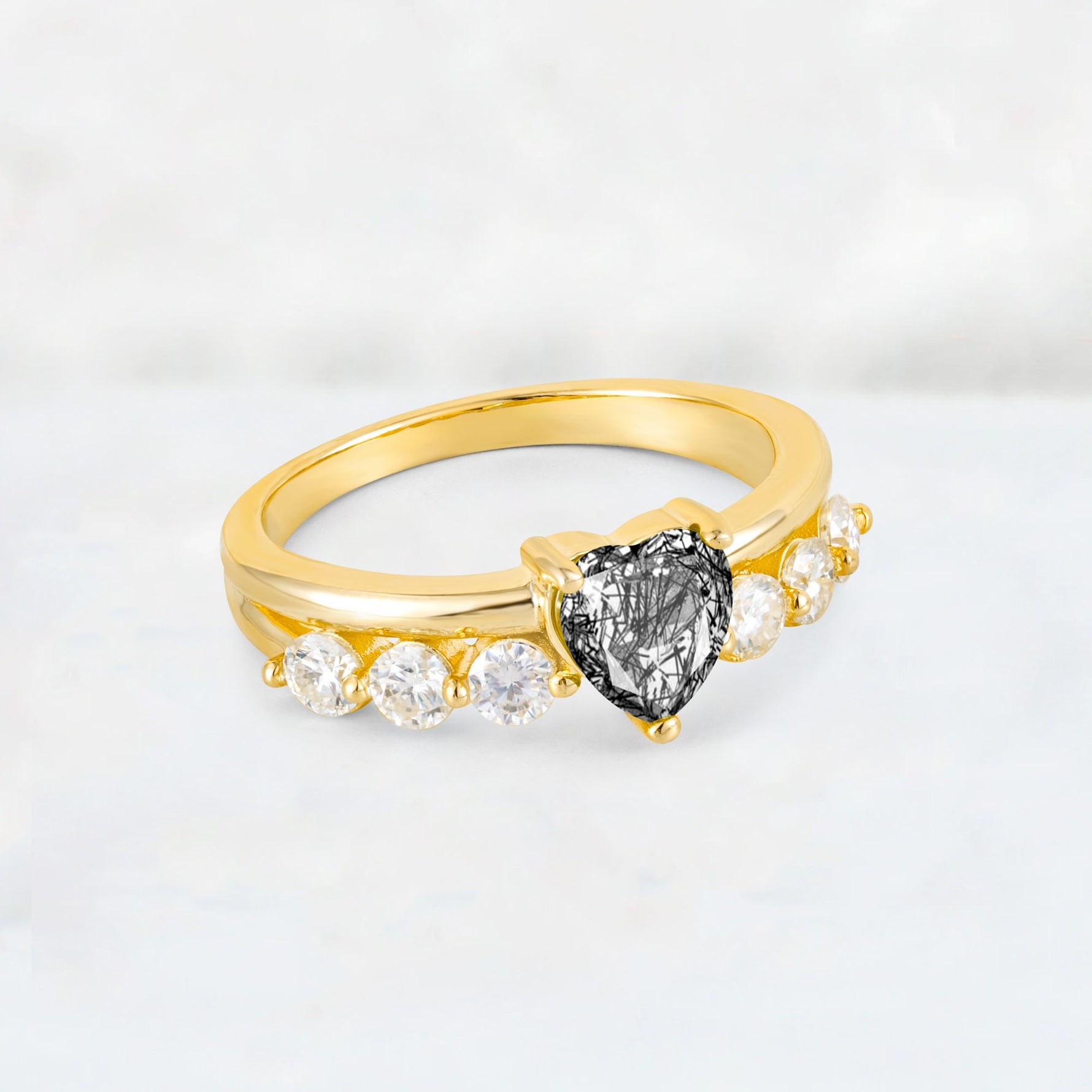 Heart Cut Black Rutilated Quartz Graduated Seven-Stone Engagement Ring - Additional view