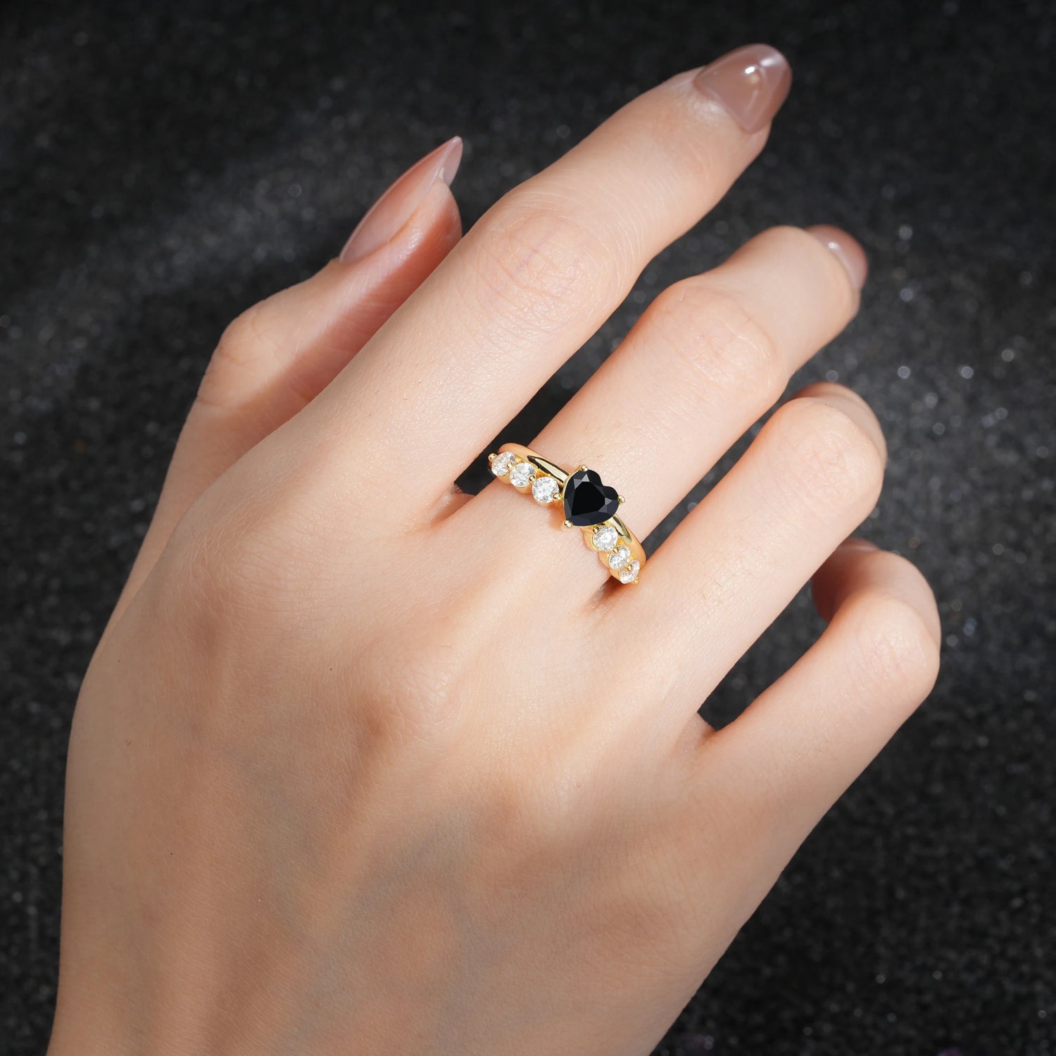 Heart Cut Black Onyx Graduated Seven-Stone Engagement Ring - Additional view