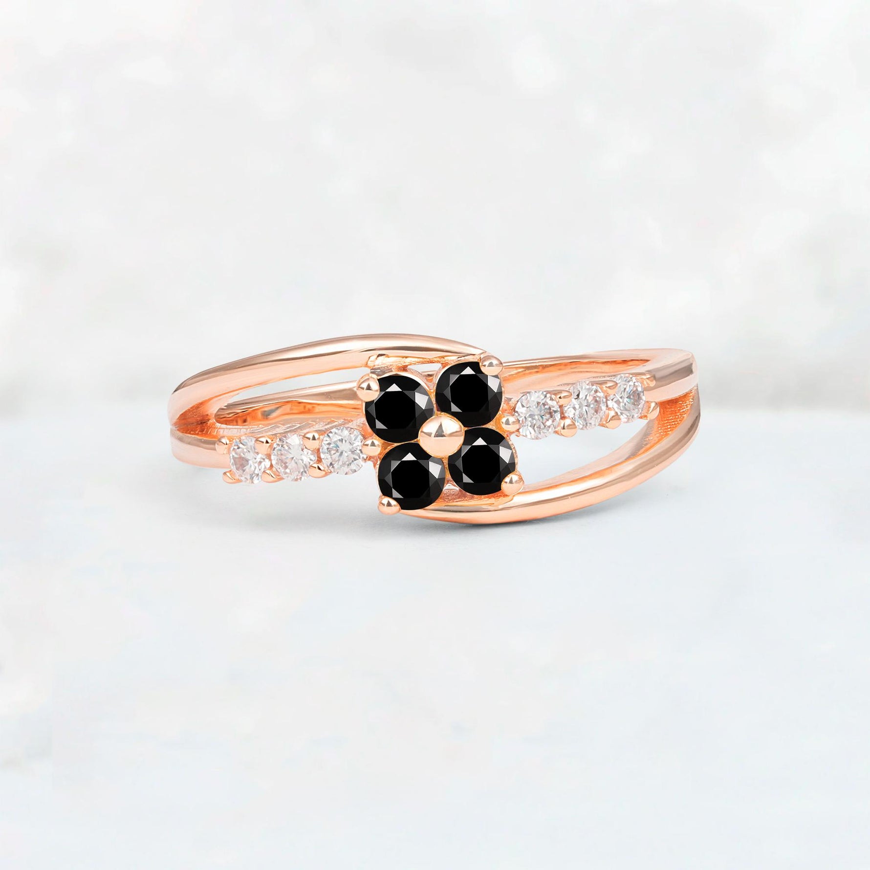 Black Onyx Floral Cluster Round Cut Engagement Ring with Accent Stones - Additional view