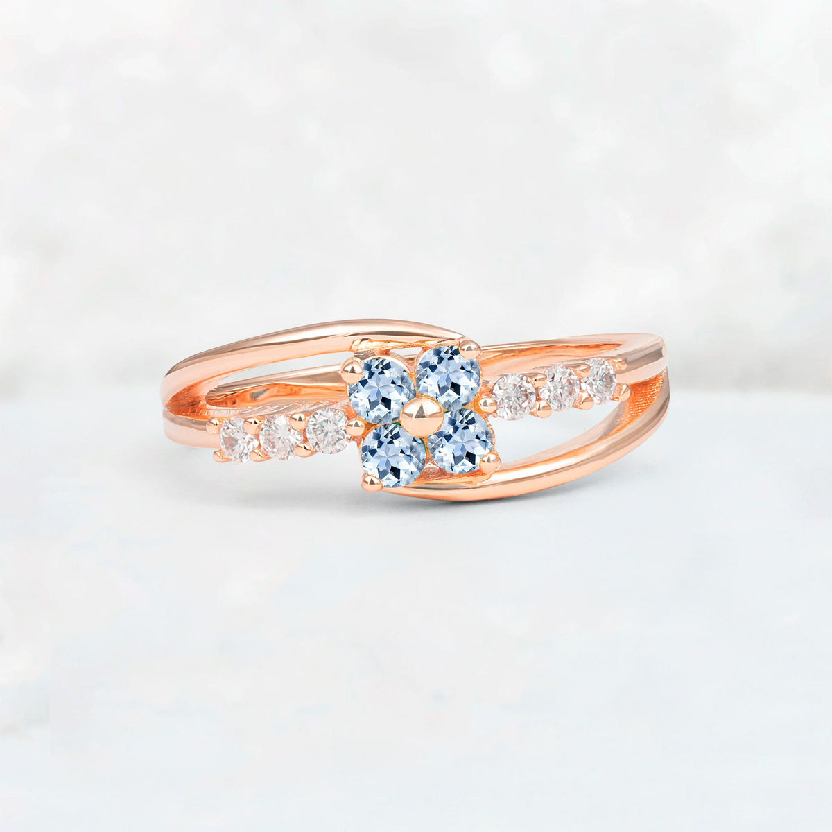 Aquamarine Floral Cluster Round Cut Engagement Ring with Accent Stones - Additional view