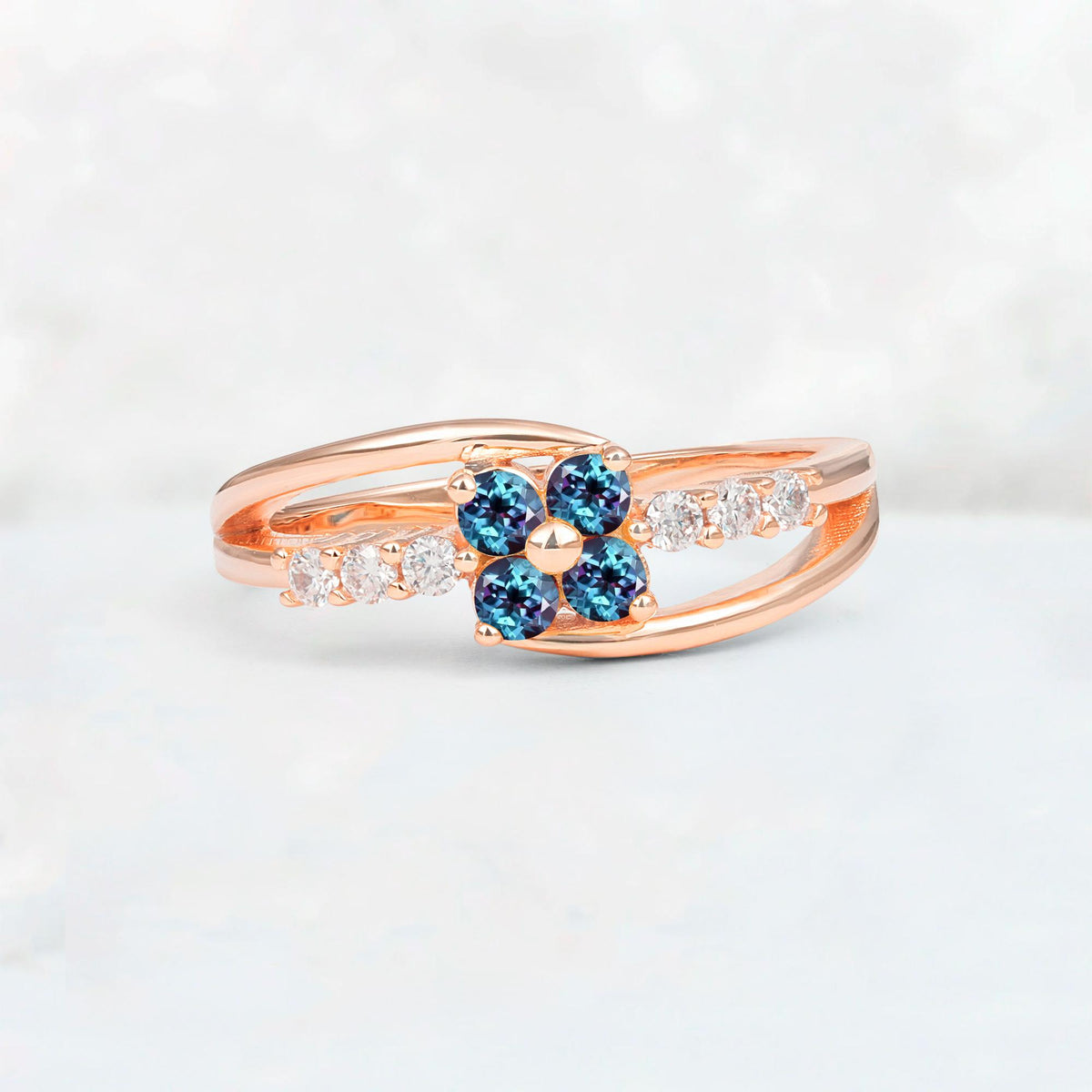Alexandrite Floral Cluster Round Cut Engagement Ring with Accent Stones - Additional view