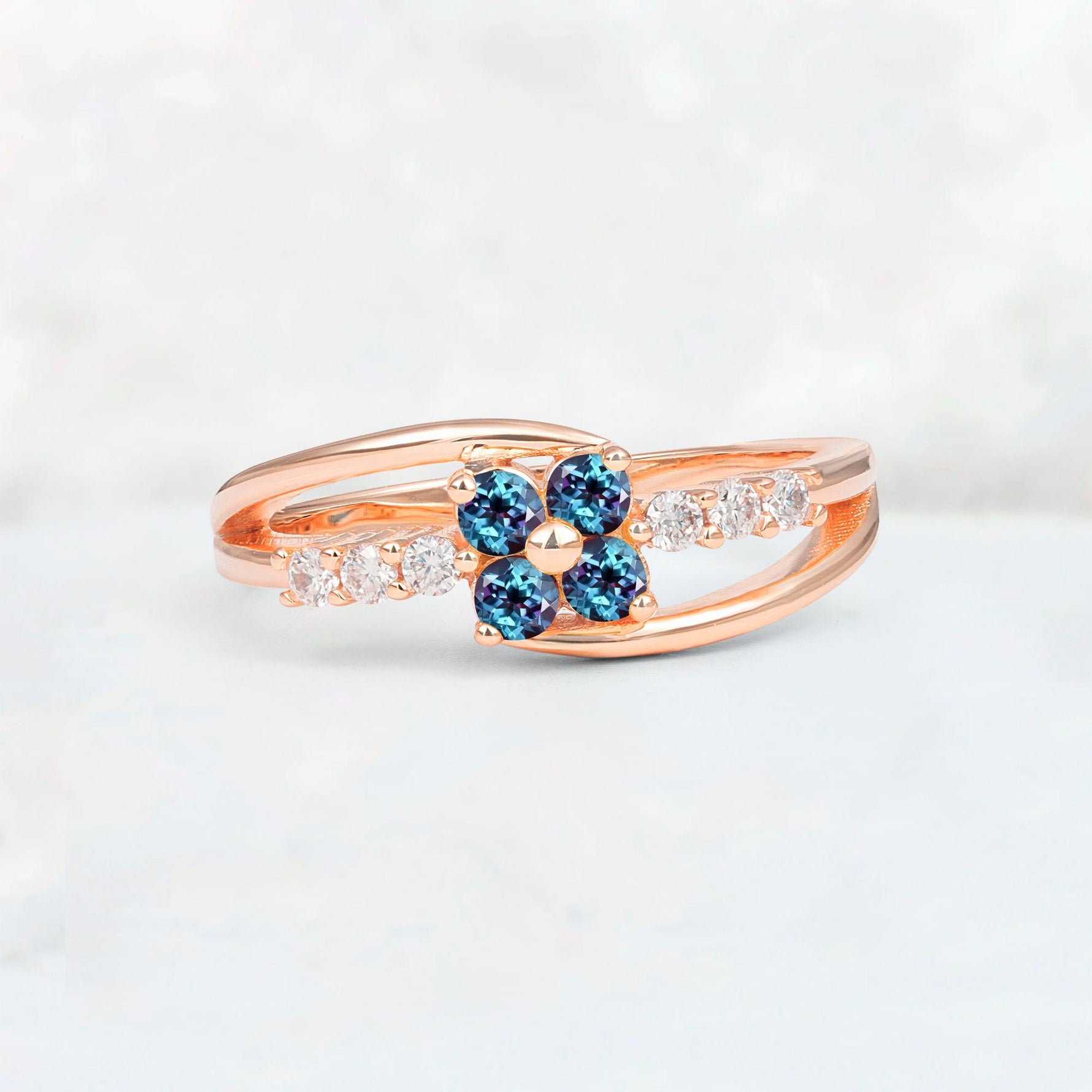 Alexandrite Floral Cluster Round Cut Engagement Ring with Accent Stones - Additional view
