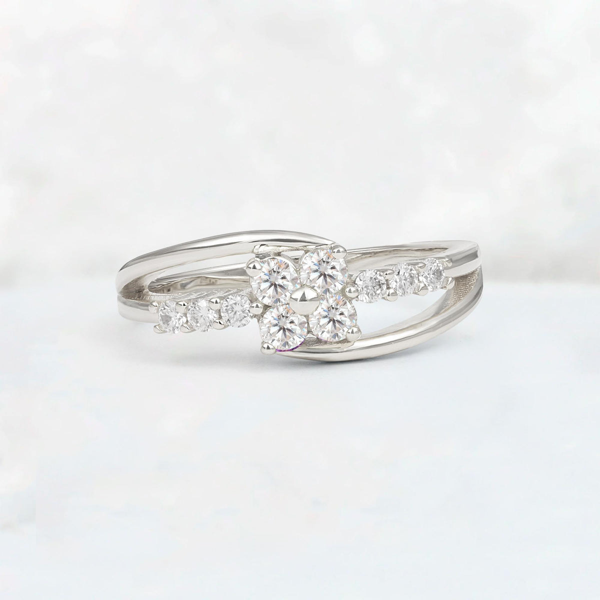 Moissanite Floral Cluster Round Cut Engagement Ring with Accent Stones - Additional view
