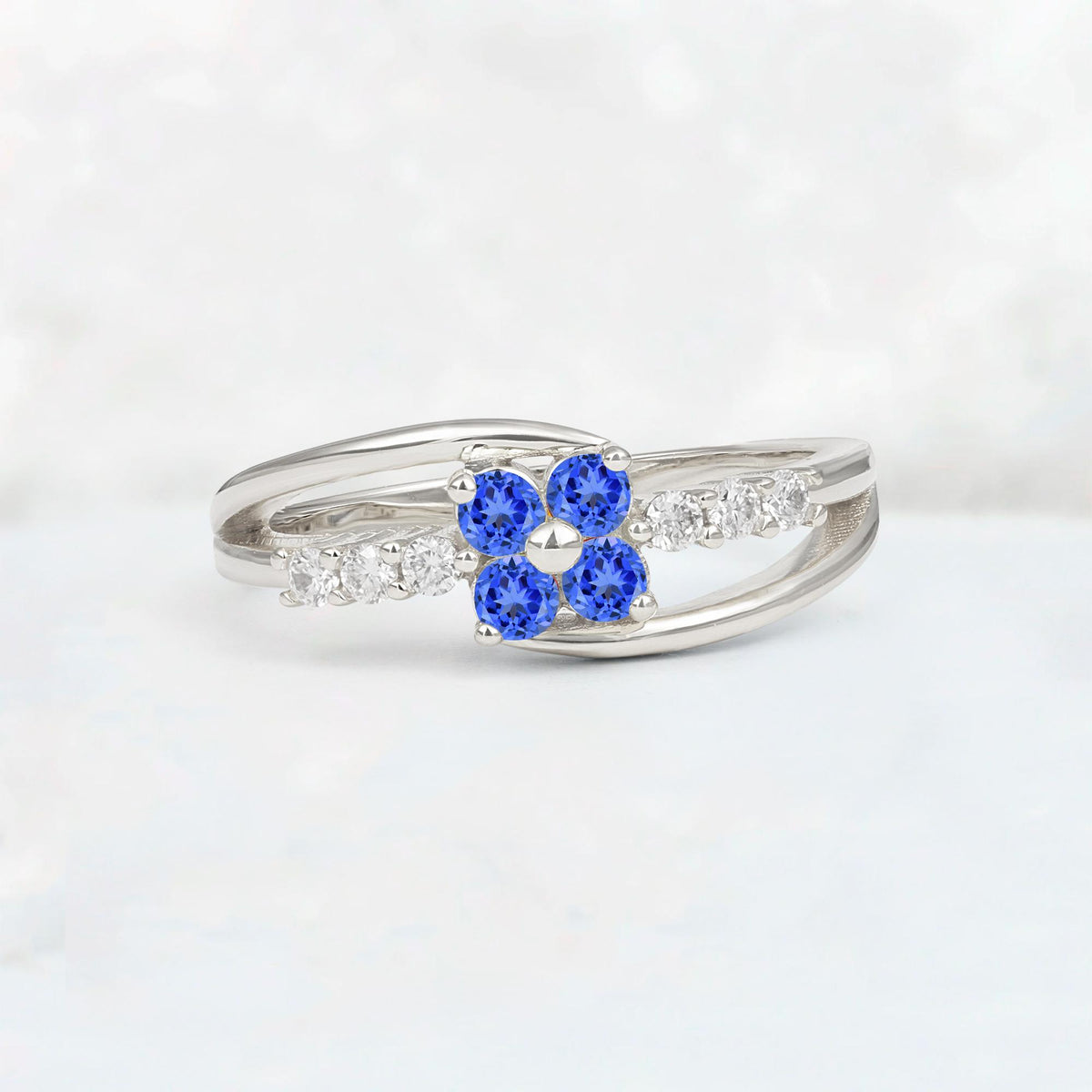 Sapphire Floral Cluster Round Cut Engagement Ring with Accent Stones - Additional view