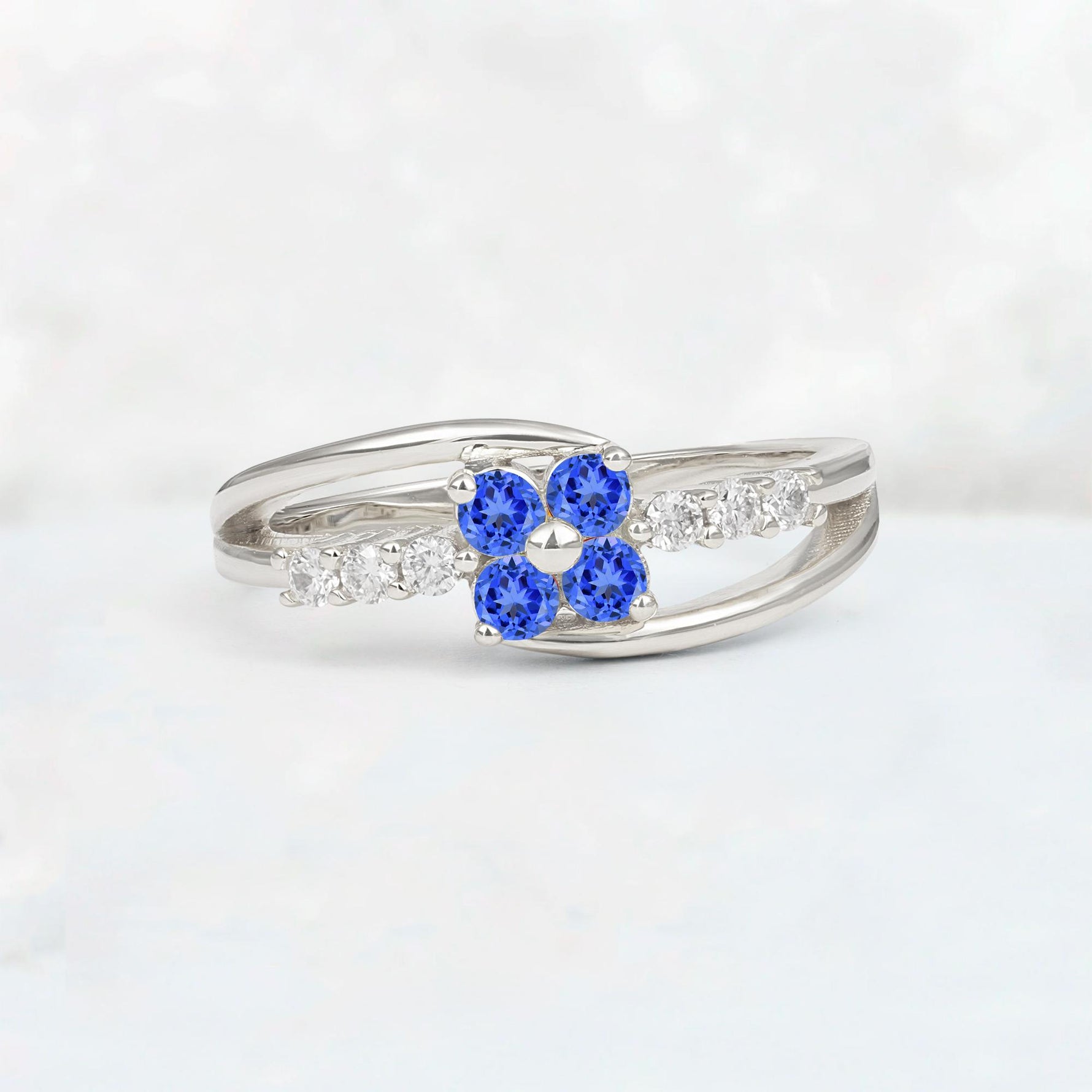 Sapphire Floral Cluster Round Cut Engagement Ring with Accent Stones - Additional view