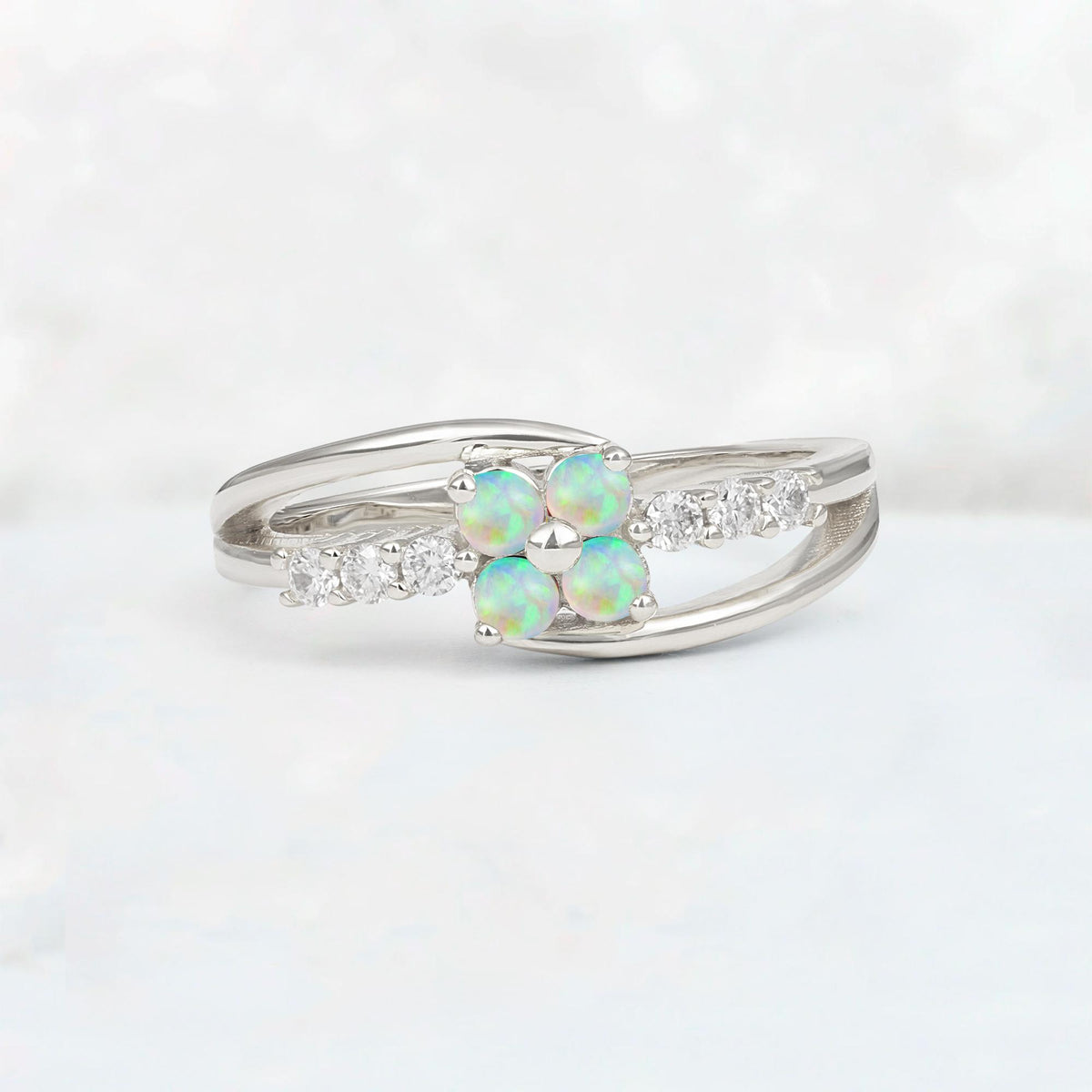 Fire Opal Floral Cluster Round Cut Engagement Ring with Accent Stones - Additional view